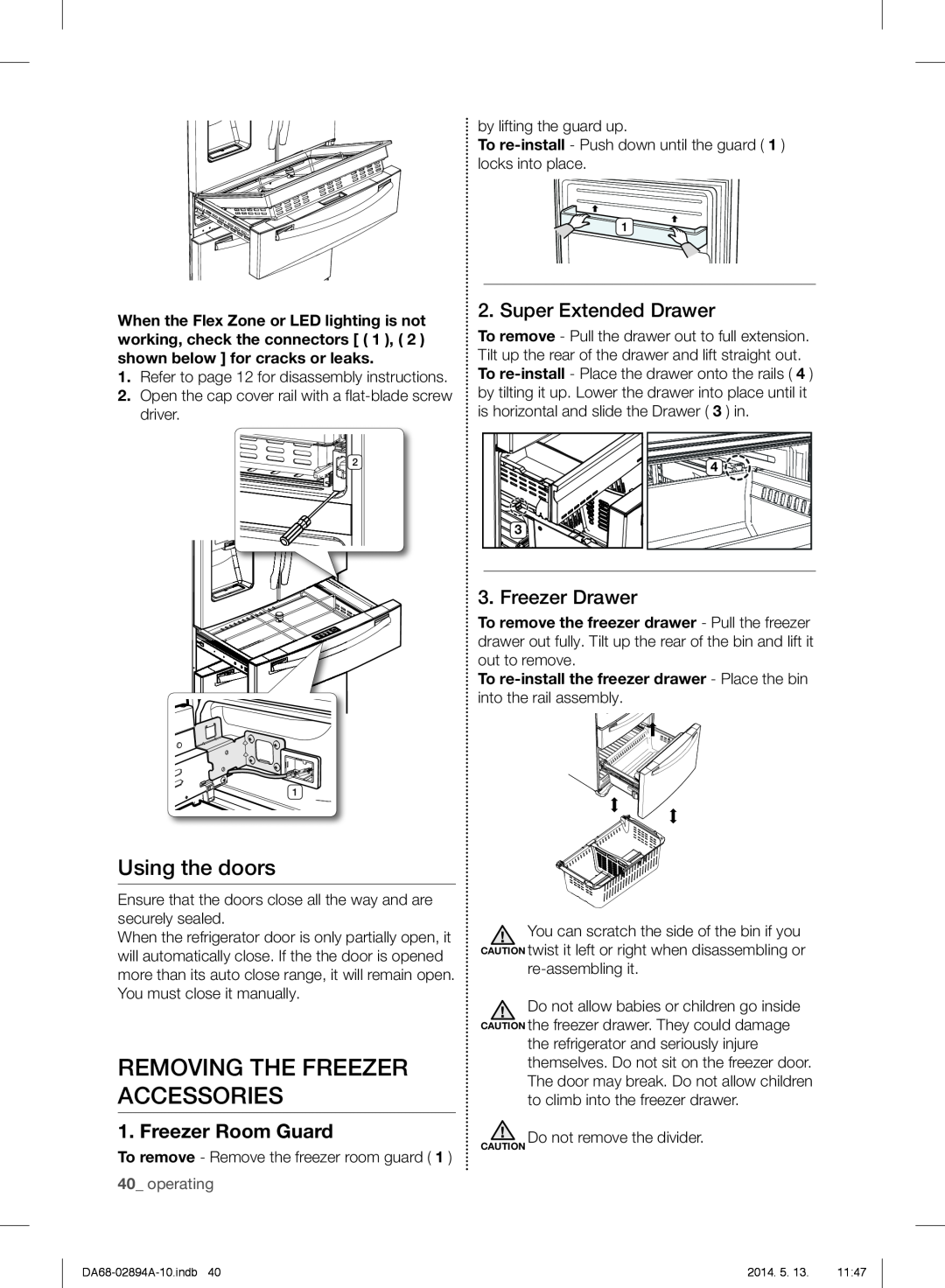 Samsung RF31FMESBSR user manual Removing The Freezer Accessories, Using the doors, Super Extended Drawer, Freezer Drawer 