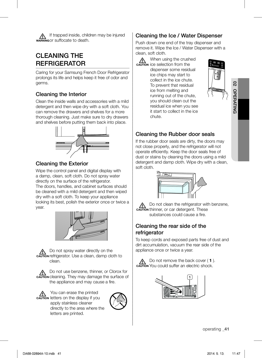 Samsung RF31FMESBSR user manual Cleaning The Refrigerator, Cleaning the Interior, Cleaning the Exterior 