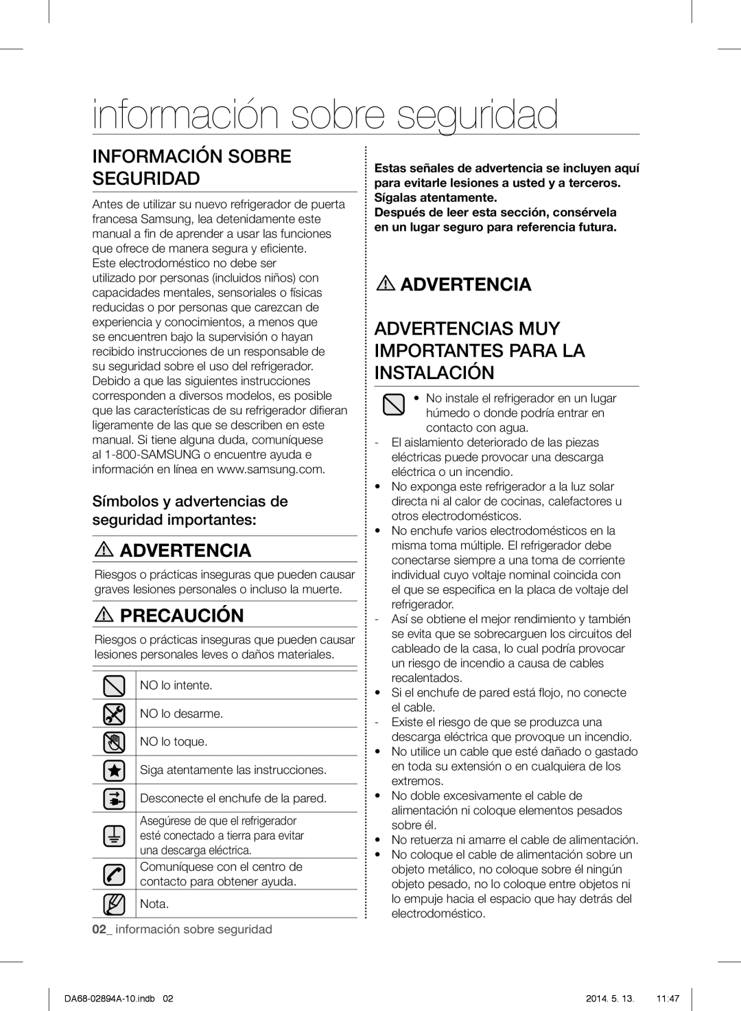 Samsung RF31FMESBSR user manual información sobre seguridad, Información Sobre Seguridad, Advertencia, Precaución 