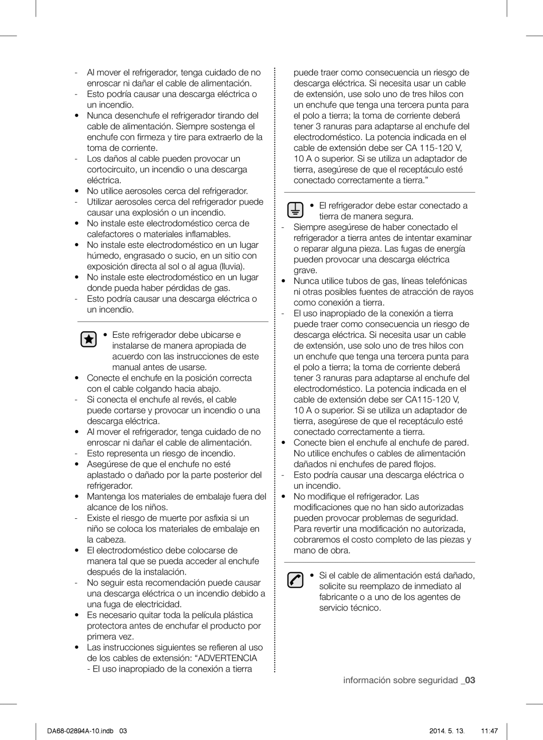 Samsung RF31FMESBSR user manual información sobre seguridad _03, eléctrica 