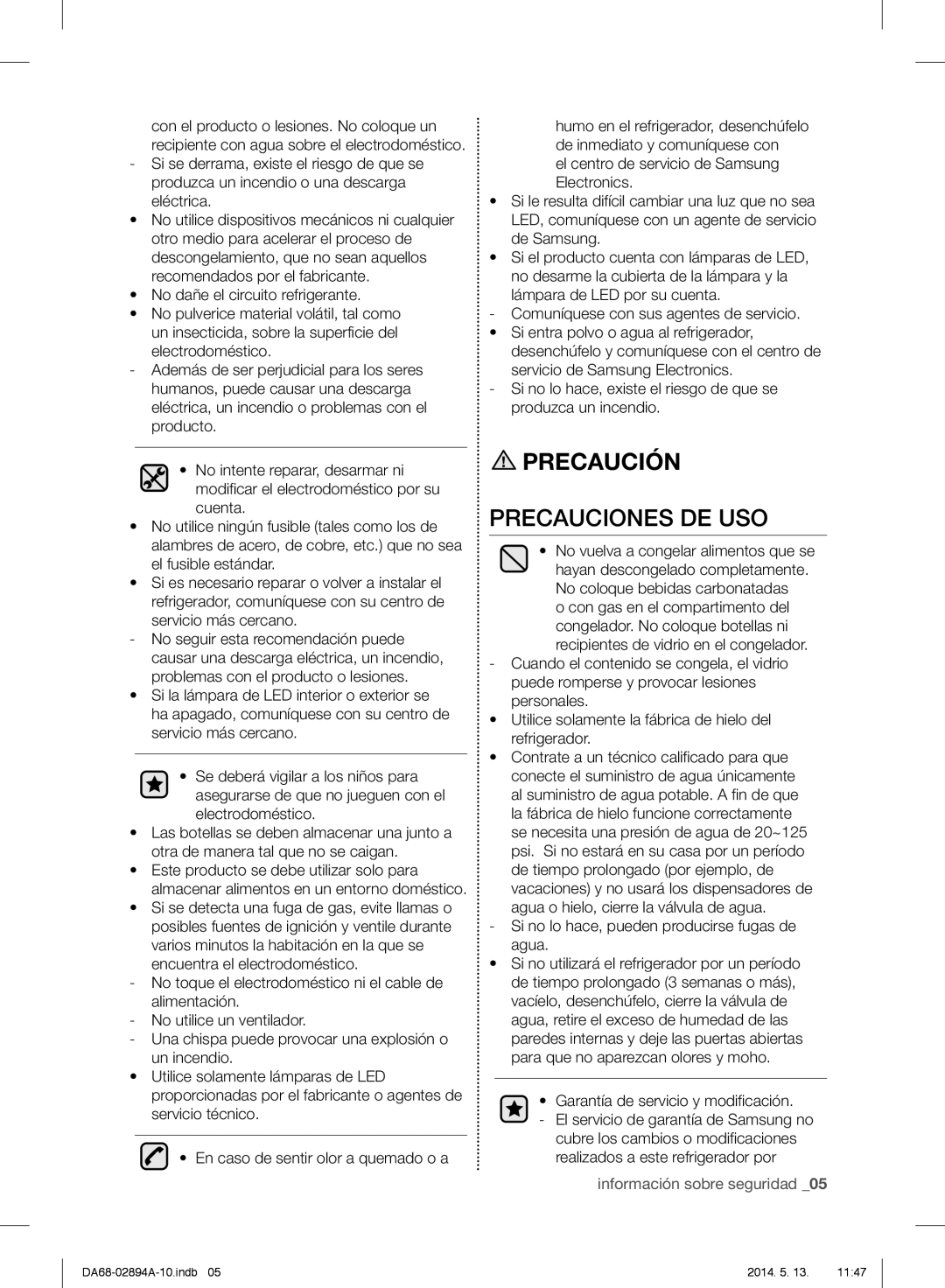 Samsung RF31FMESBSR user manual Precauciones De Uso, información sobre seguridad _05, Precaución 