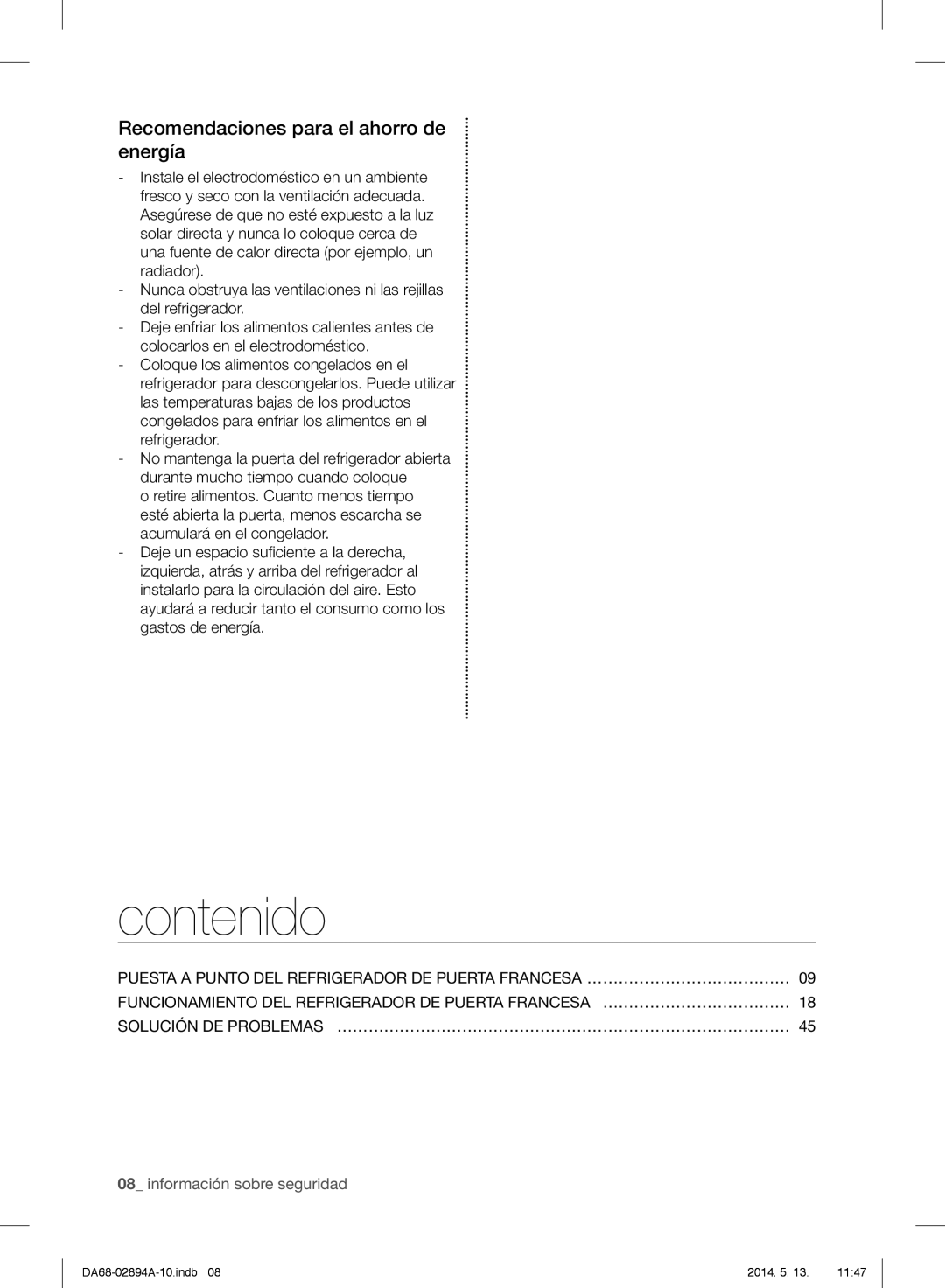 Samsung RF31FMESBSR user manual contenido, Recomendaciones para el ahorro de energía, 08_ información sobre seguridad 
