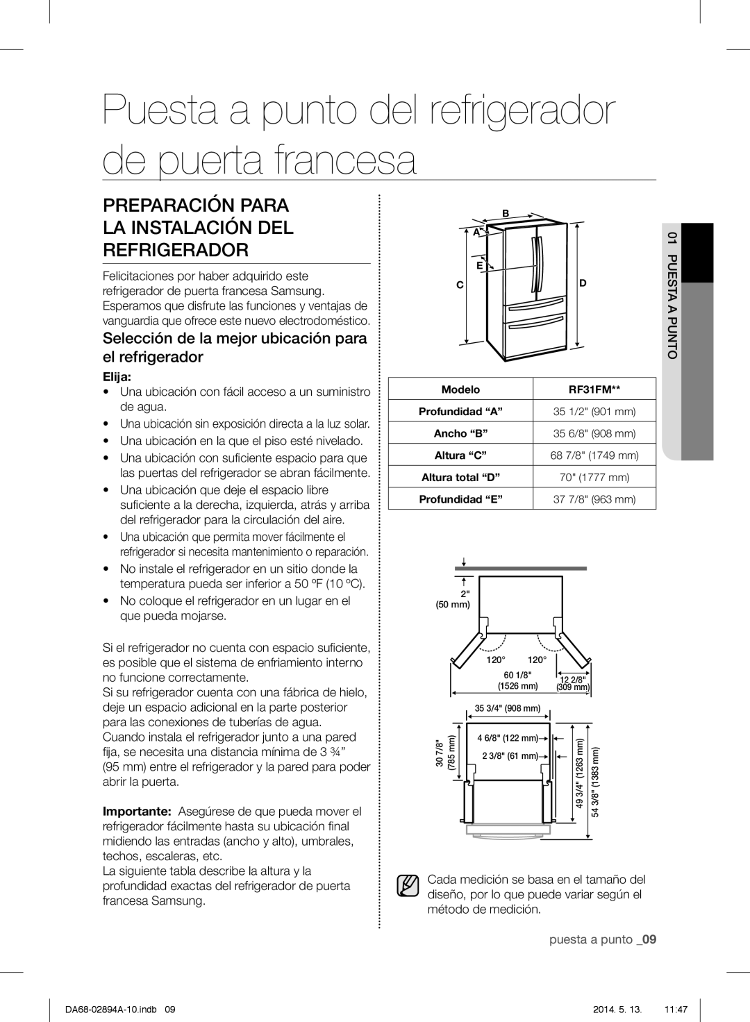 Samsung RF31FMESBSR user manual Preparación Para La Instalación Del Refrigerador, puesta a punto _09, Elija 
