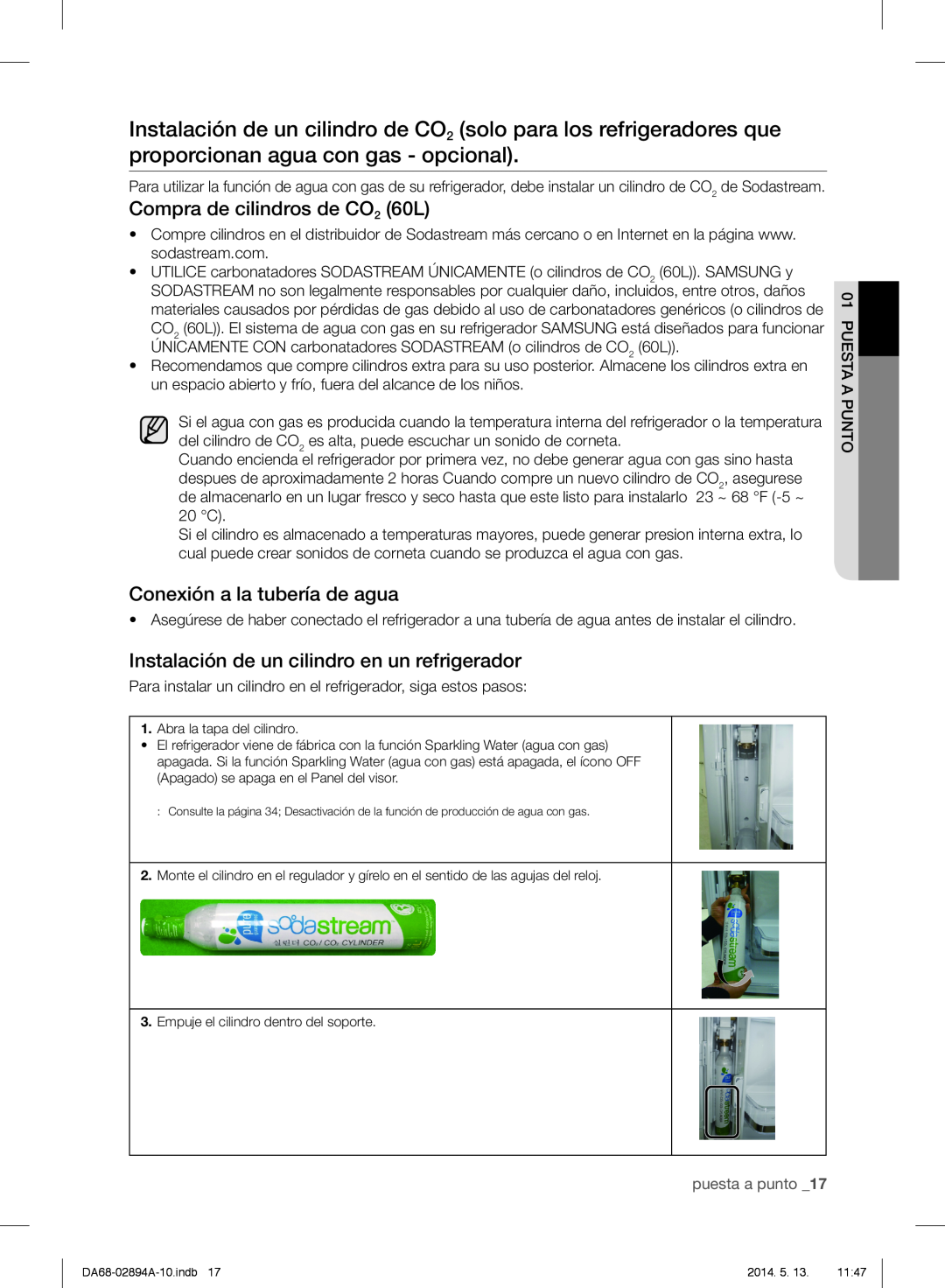 Samsung RF31FMESBSR user manual Compra de cilindros de CO2 60L, Conexión a la tubería de agua, puesta a punto _17 