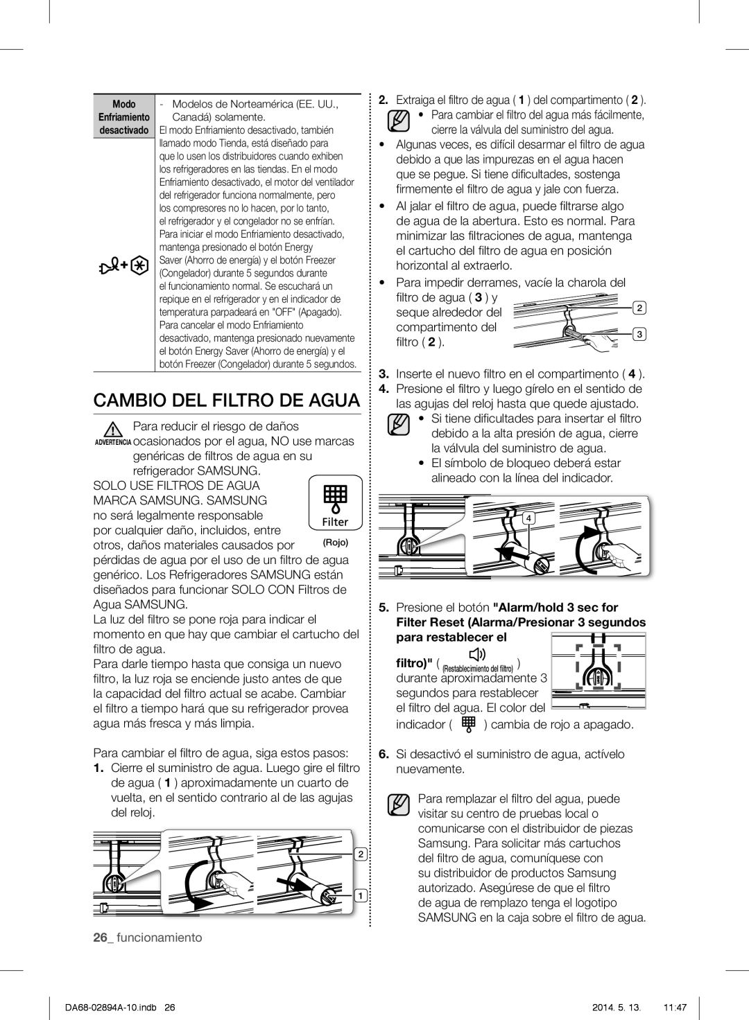 Samsung RF31FMESBSR user manual Cambio Del Filtro De Agua, 26_ funcionamiento, Presione el botón Alarm/hold 3 sec for 