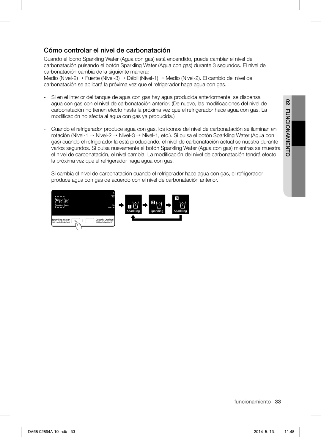 Samsung RF31FMESBSR user manual Cómo controlar el nivel de carbonatación, funcionamiento _33 