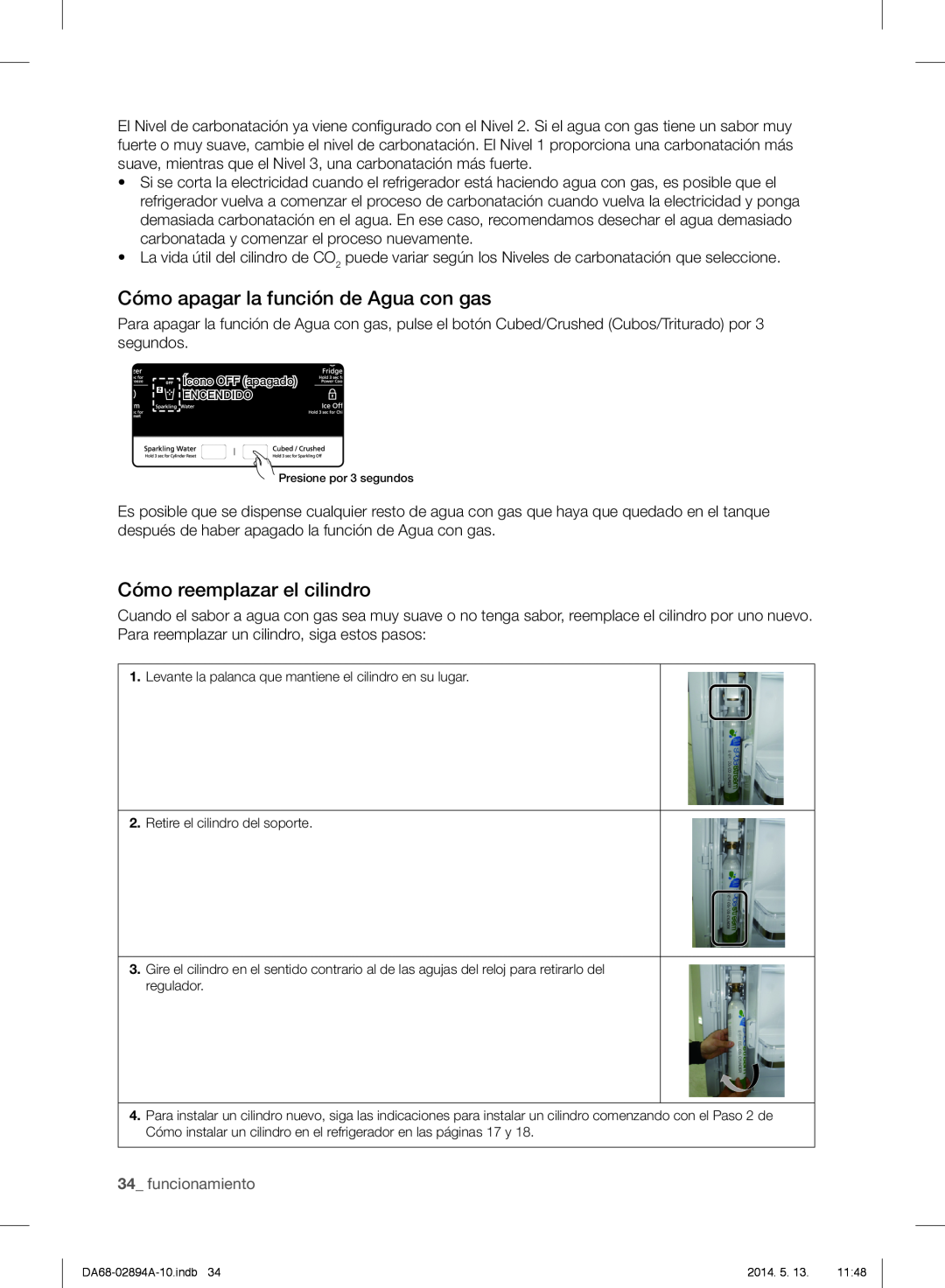 Samsung RF31FMESBSR user manual Cómo apagar la función de Agua con gas, Cómo reemplazar el cilindro, 34_ funcionamiento 