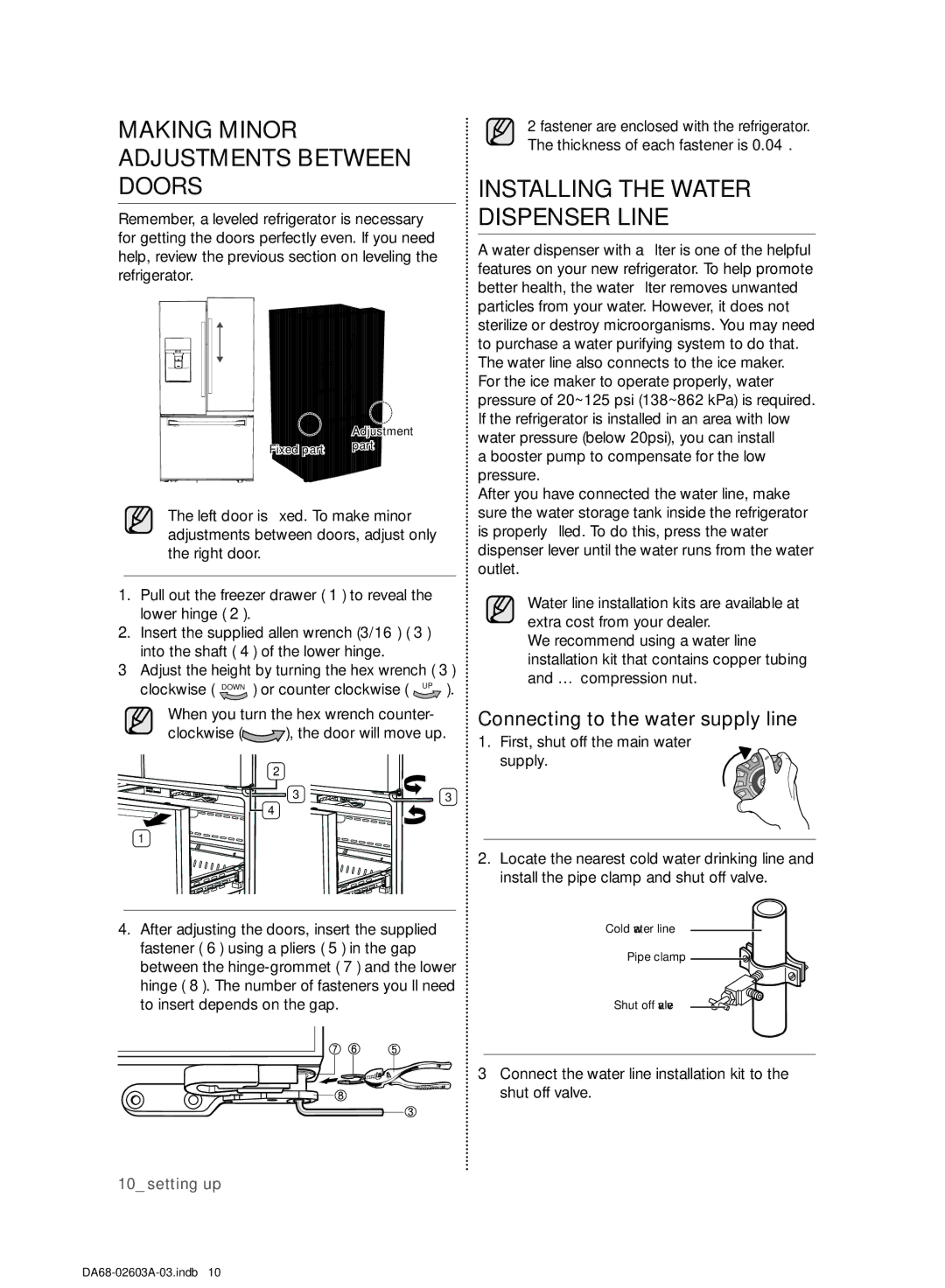 Samsung RF323TEDBSR, RF323TEDBWW, RF323TEDBBC Making Minor Adjustments Between Doors, Installing the Water Dispenser Line 