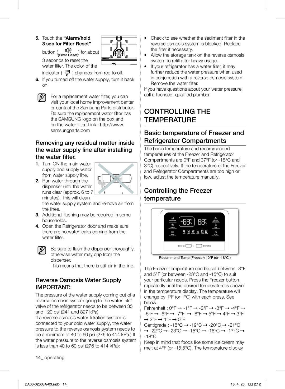 Samsung RF323TEDBBC, RF323TEDBWW Controlling Temperature, Basic temperature of Freezer and Refrigerator Compartments 