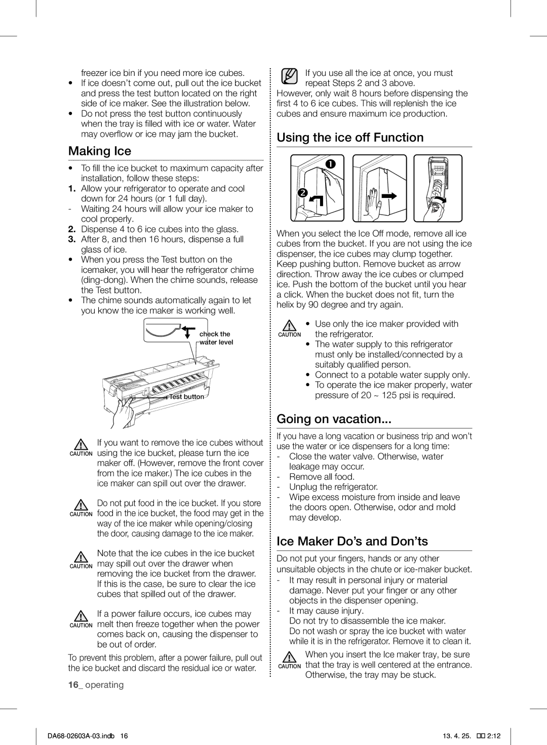 Samsung RF323TEDBSR, RF323TEDBWW Making Ice, Using the ice off Function, Going on vacation, Ice Maker Do’s and Don’ts 