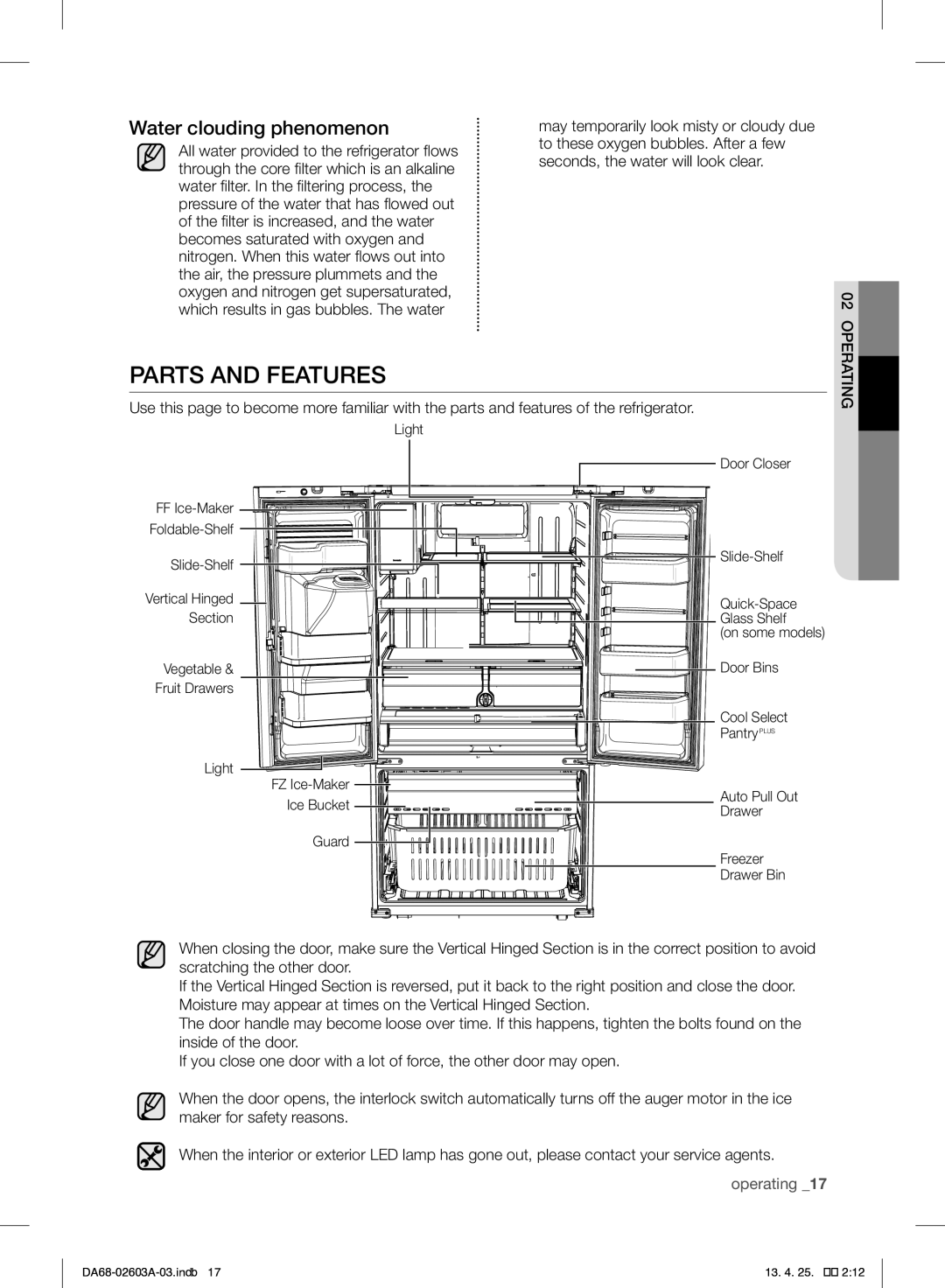 Samsung RF323TEDBBC, RF323TEDBWW, RF323TEDBSR user manual Parts and Features, Water clouding phenomenon 