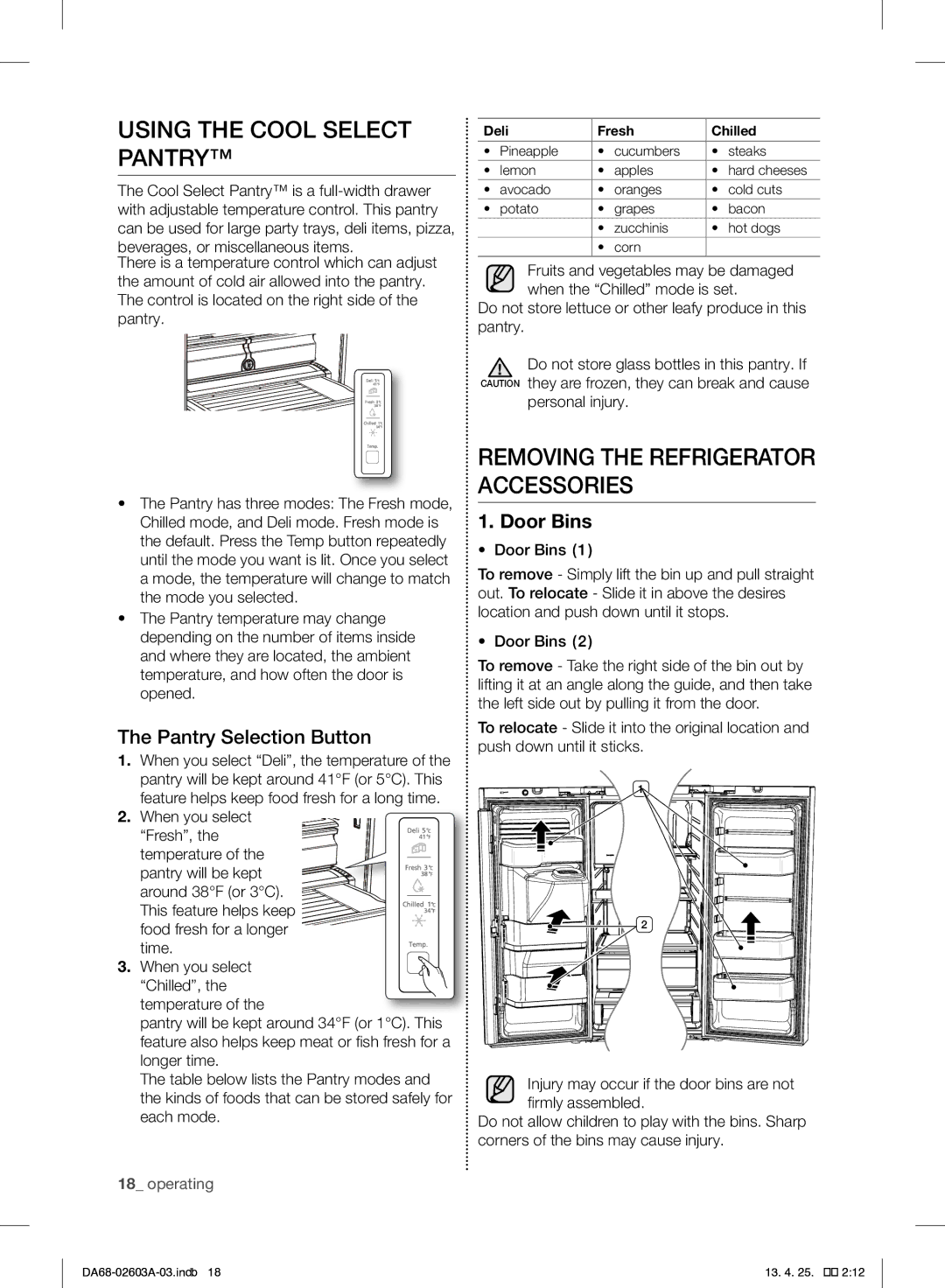 Samsung RF323TEDBWW Using the Cool Select Pantry, Removing the Refrigerator Accessories, Pantry Selection Button 