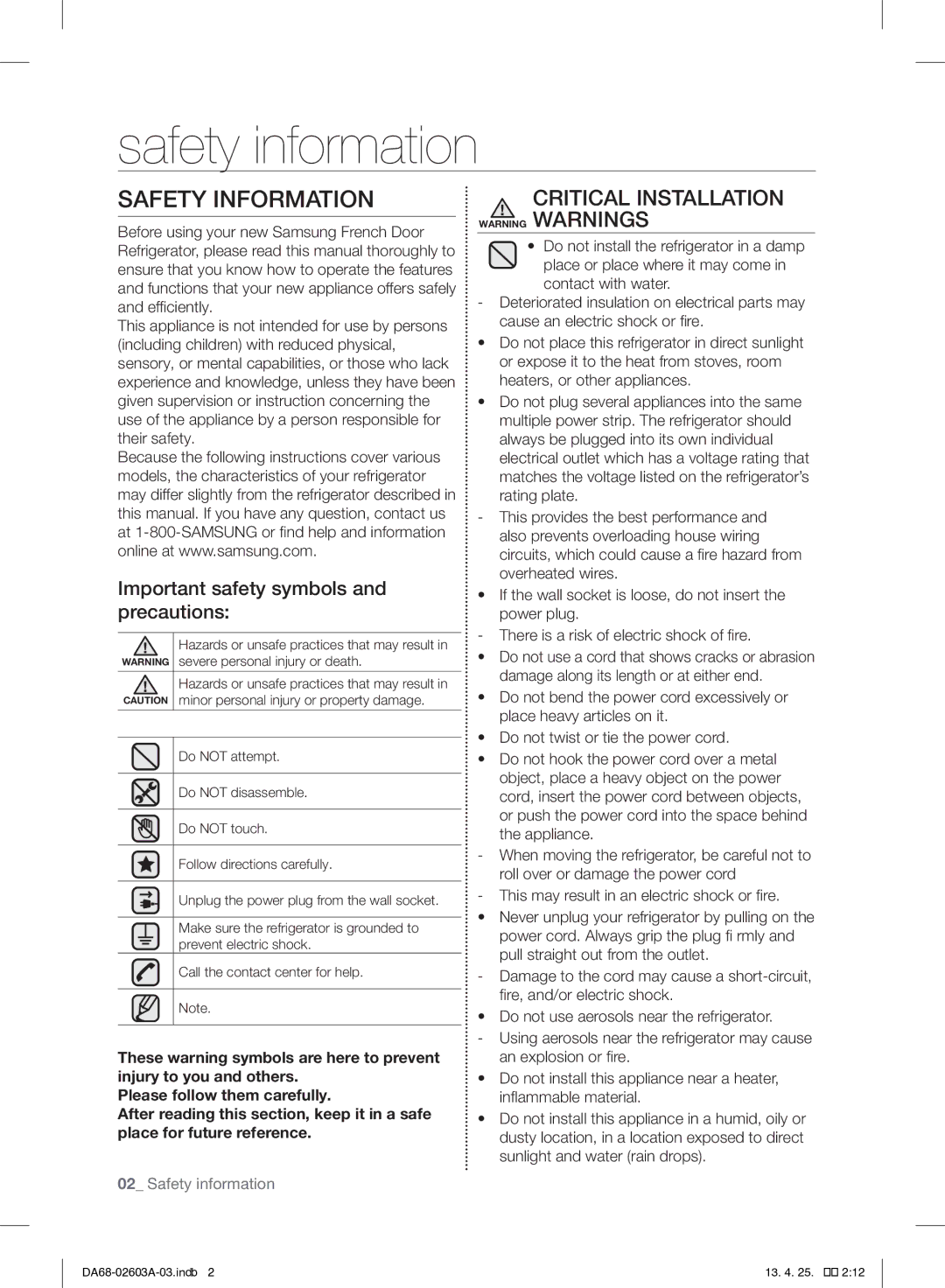 Samsung RF323TEDBBC, RF323TEDBWW Safety information, Safety Information, Important safety symbols and precautions 