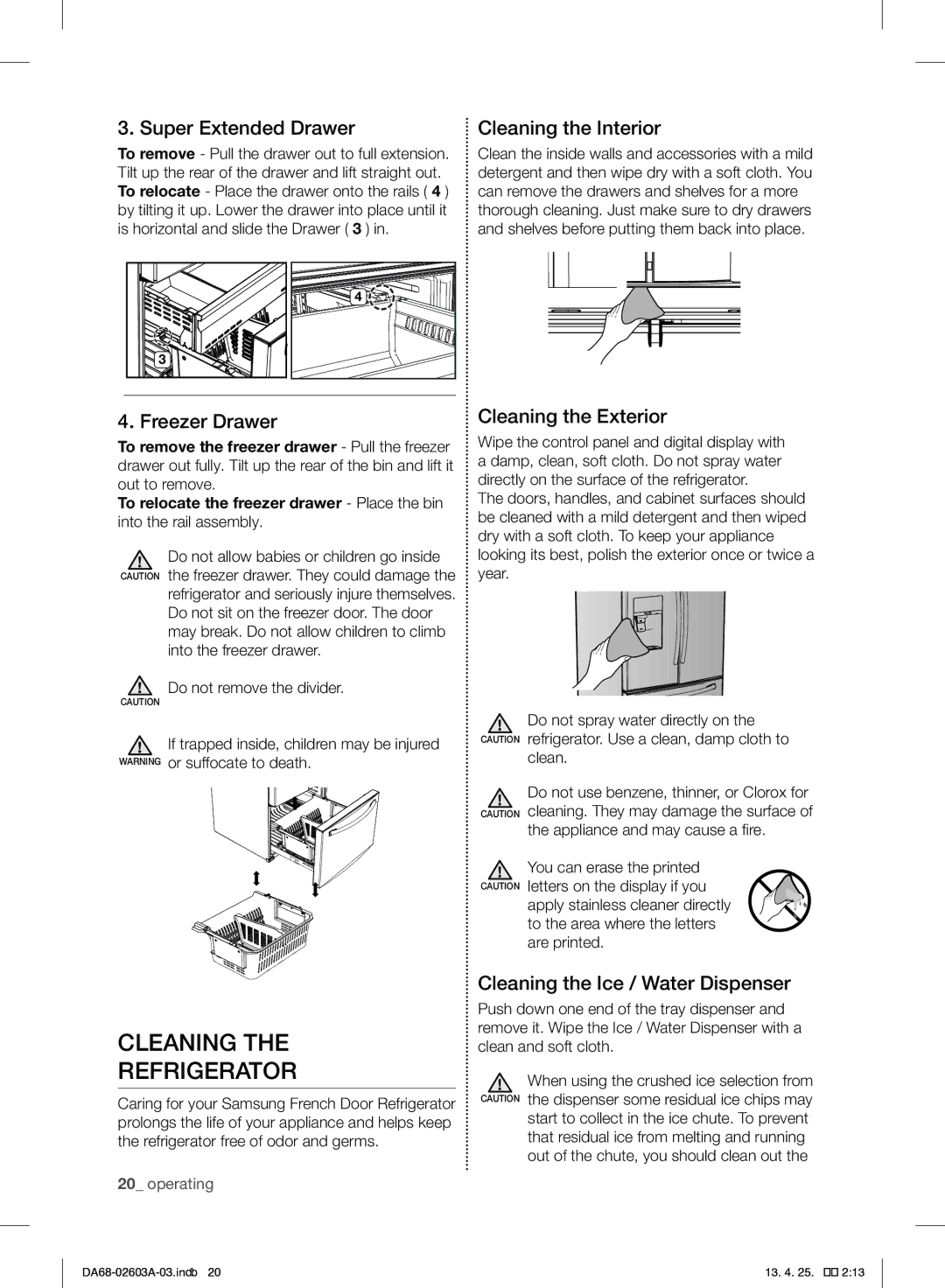 Samsung RF323TEDBBC, RF323TEDBWW, RF323TEDBSR user manual Cleaning Refrigerator 