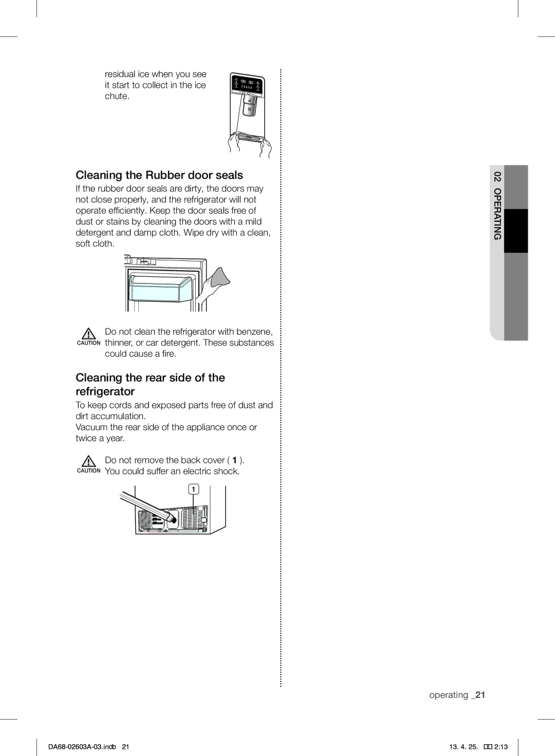 Samsung RF323TEDBWW Cleaning the Rubber door seals, Cleaning the rear side of the refrigerator, Could cause a fire 