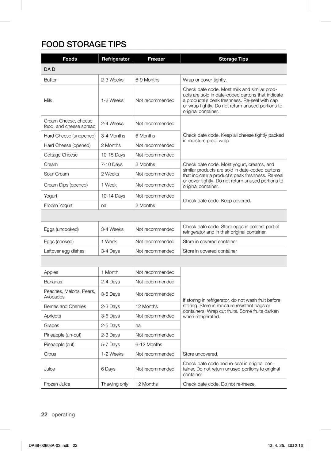 Samsung RF323TEDBSR, RF323TEDBWW, RF323TEDBBC user manual Food Storage Tips, Foods Refrigerator Freezer Storage Tips 