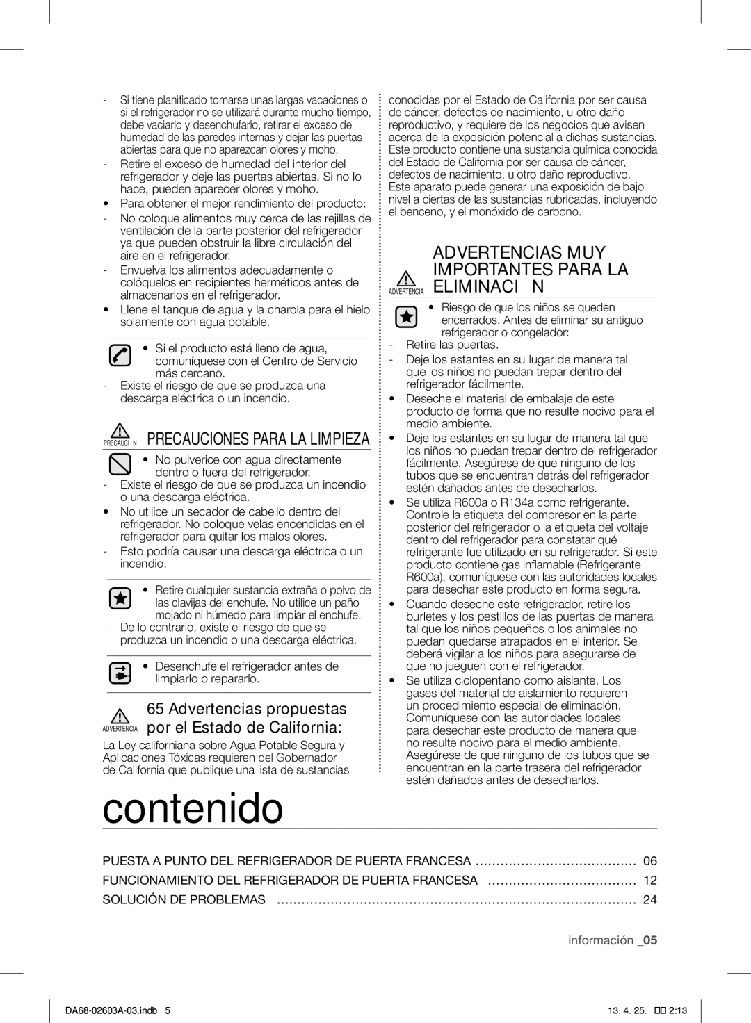 Samsung RF323TEDBWW, RF323TEDBSR, RF323TEDBBC user manual Contenido, Solución DE PROBLEMAS… …………………………………………………………………………… 