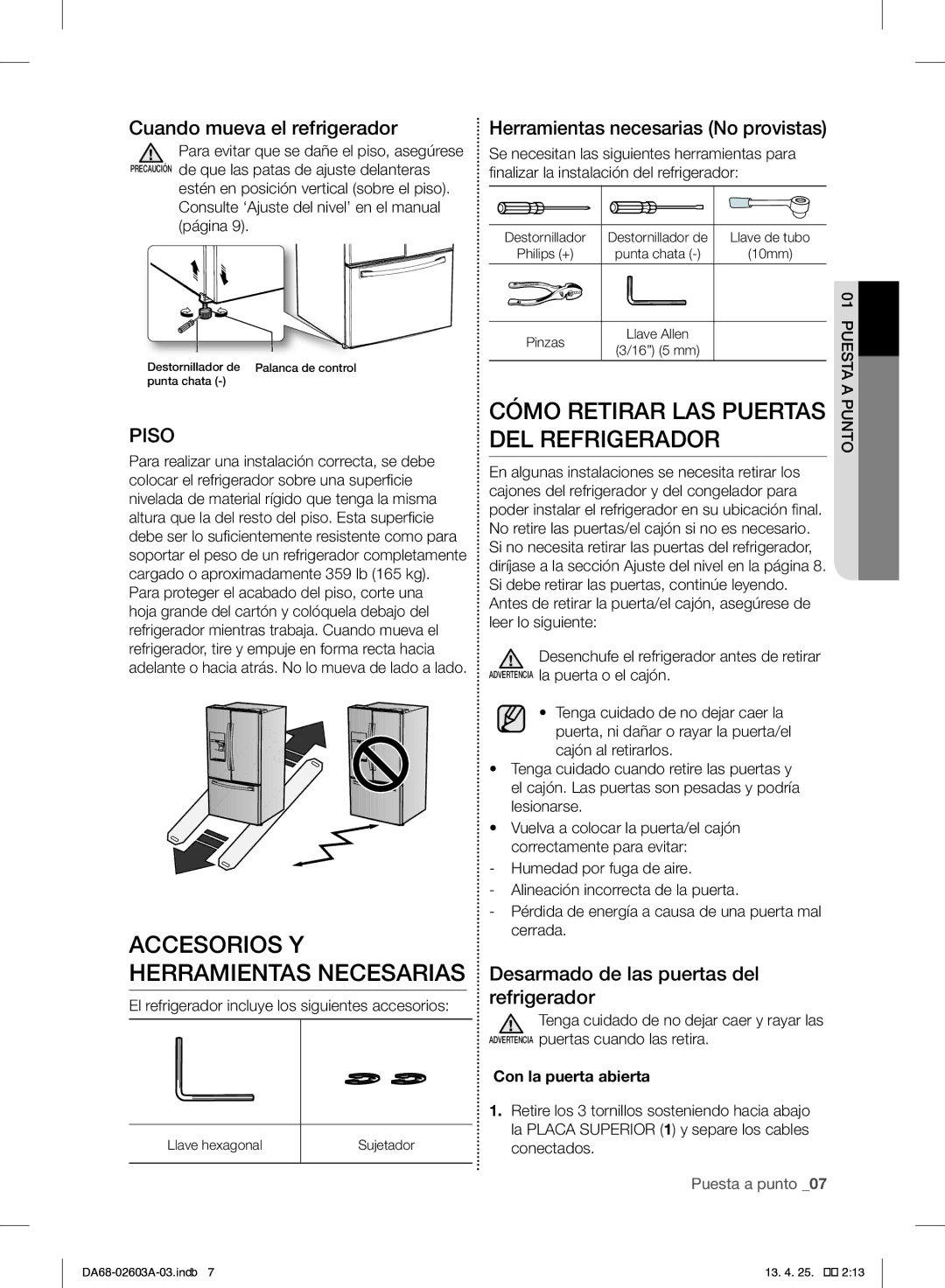 Samsung RF323TEDBBC, RF323TEDBWW user manual Accesorios Y Herramientas Necesarias, Cómo Retirar LAS Puertas DEL Refrigerador 