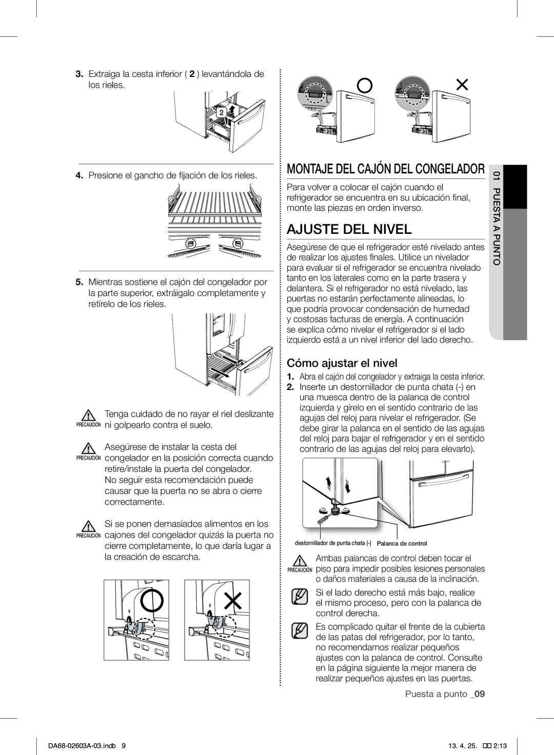 Samsung RF323TEDBSR Ajuste DEL Nivel, Cómo ajustar el nivel, Abra el cajón del congelador y extraiga la cesta inferior 