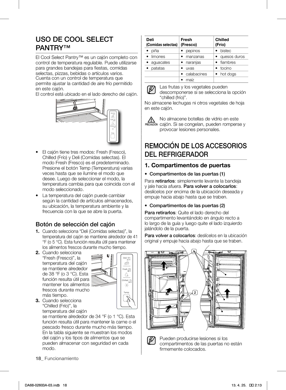 Samsung RF323TEDBSR, RF323TEDBWW USO DE Cool Select Pantry, Botón de selección del cajón, Cuando selecciona, Fresco Frío 