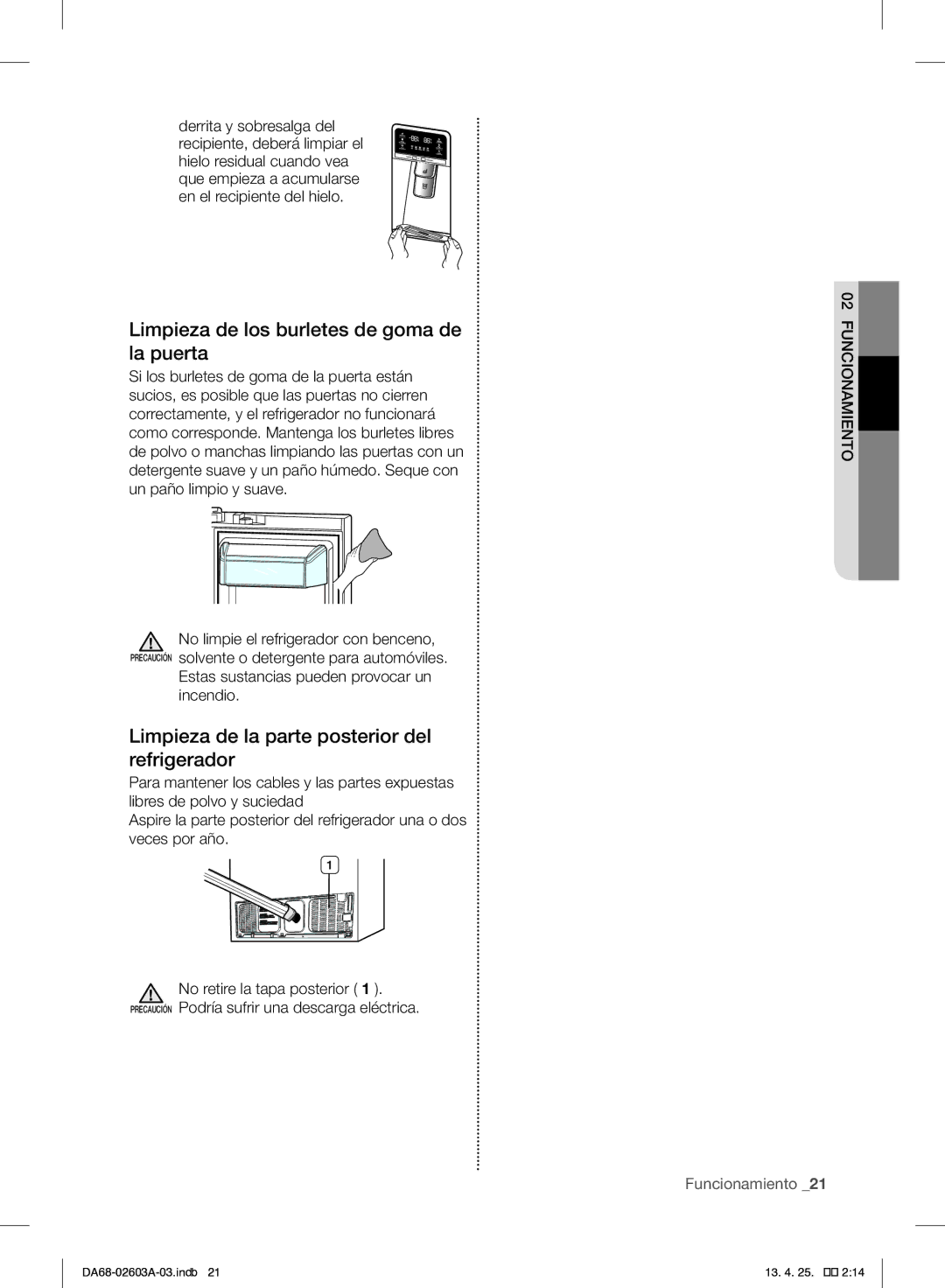 Samsung RF323TEDBSR Limpieza de los burletes de goma de la puerta, Limpieza de la parte posterior del refrigerador 