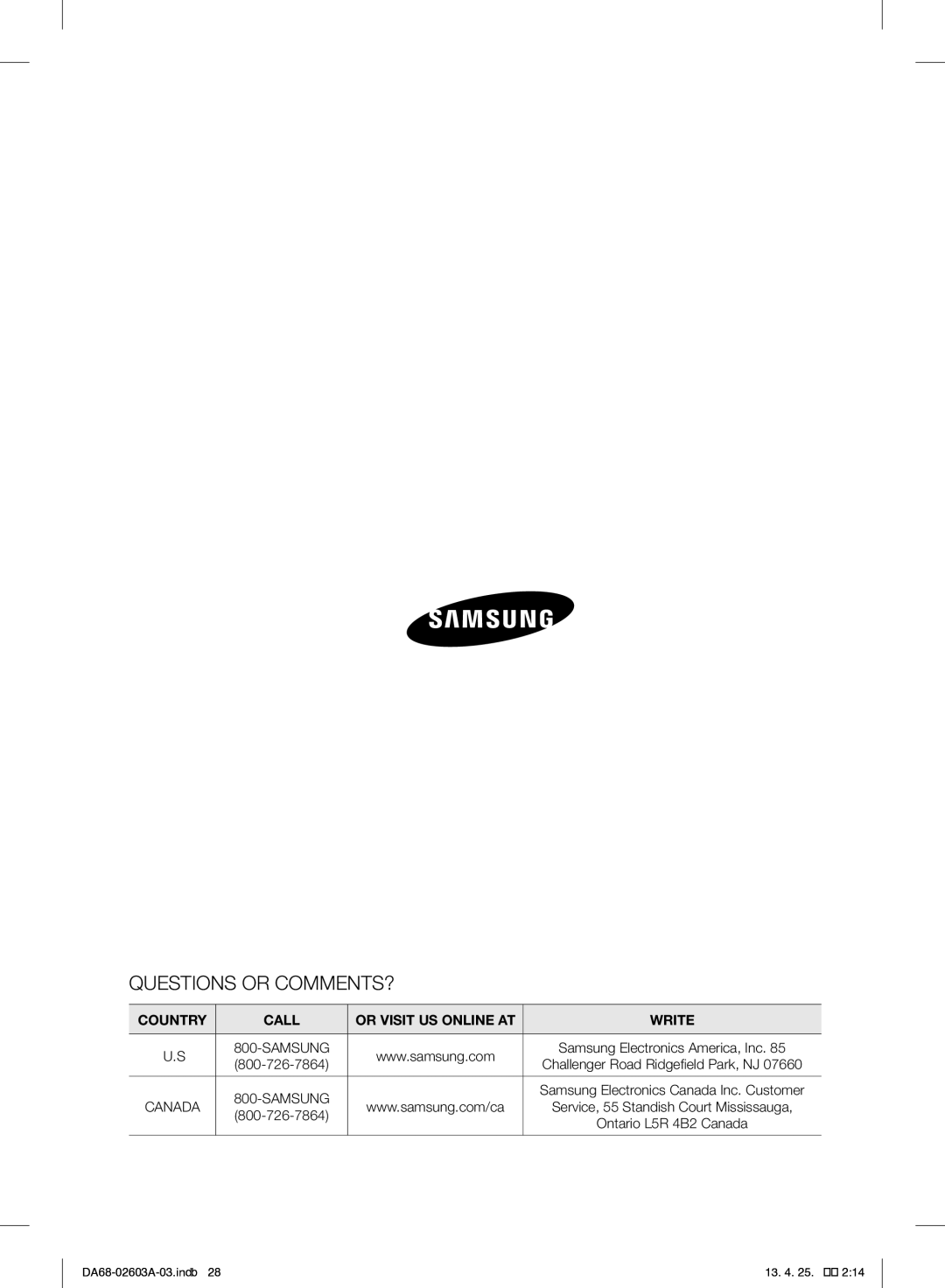 Samsung RF323TEDBBC, RF323TEDBWW, RF323TEDBSR user manual Samsung Electronics Canada Inc. Customer 