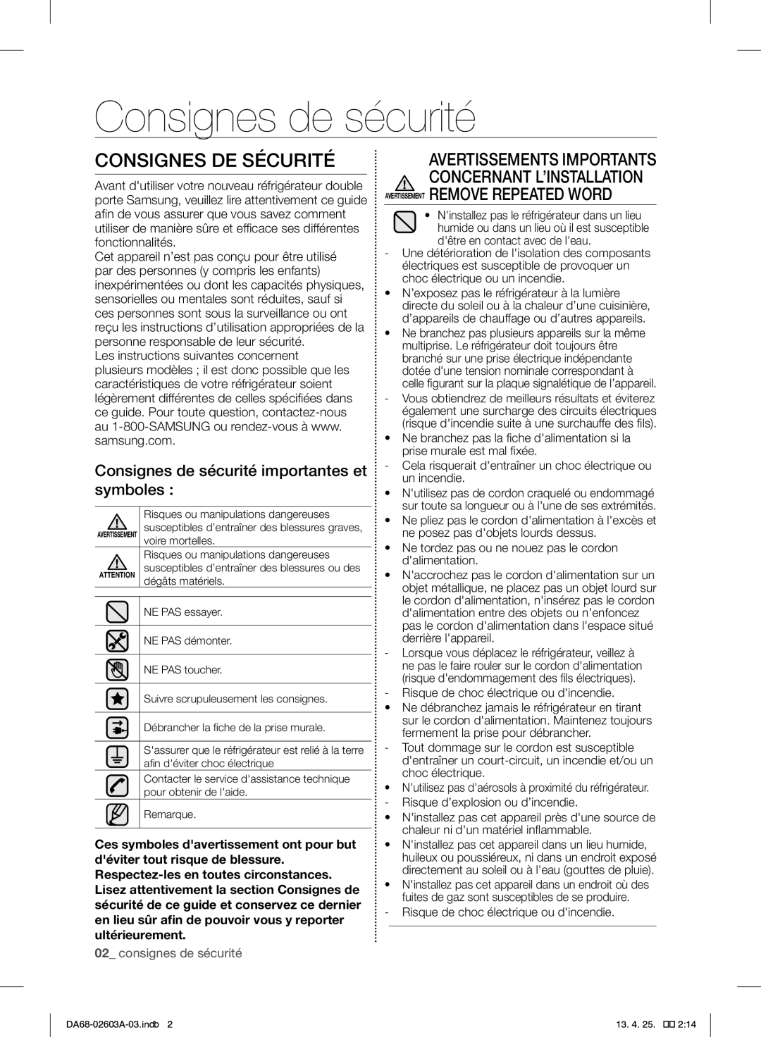 Samsung RF323TEDBSR, RF323TEDBWW Consignes de sécurité, Consignes DE Sécurité, Avertissement Remove Repeated Word 