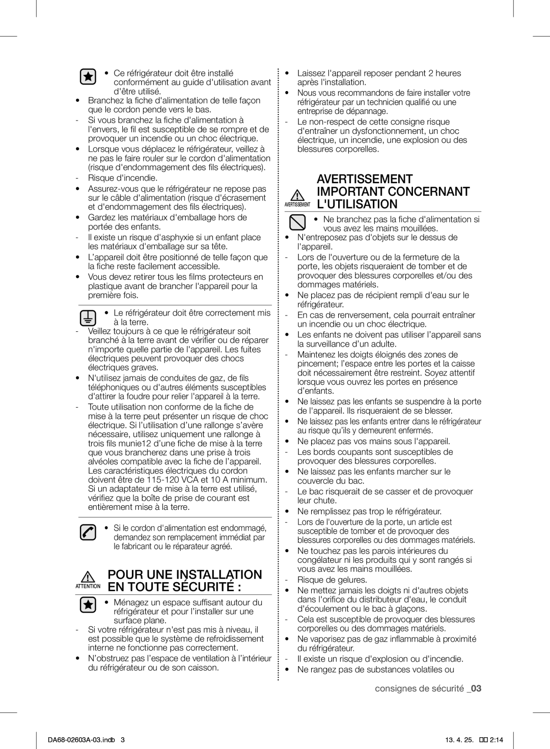 Samsung RF323TEDBBC, RF323TEDBWW, RF323TEDBSR user manual Pour UNE Installation Attention EN Toute Sécurité, Risque dincendie 