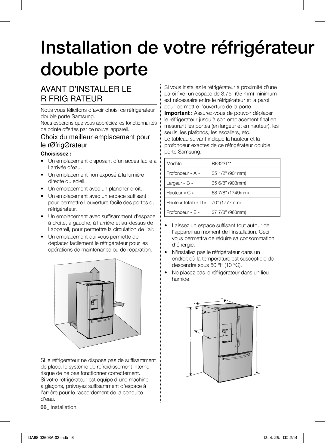 Samsung RF323TEDBBC Installation de votre réfrigérateur double porte, Avant Dinstaller LE Réfrigérateur, Choisissez 