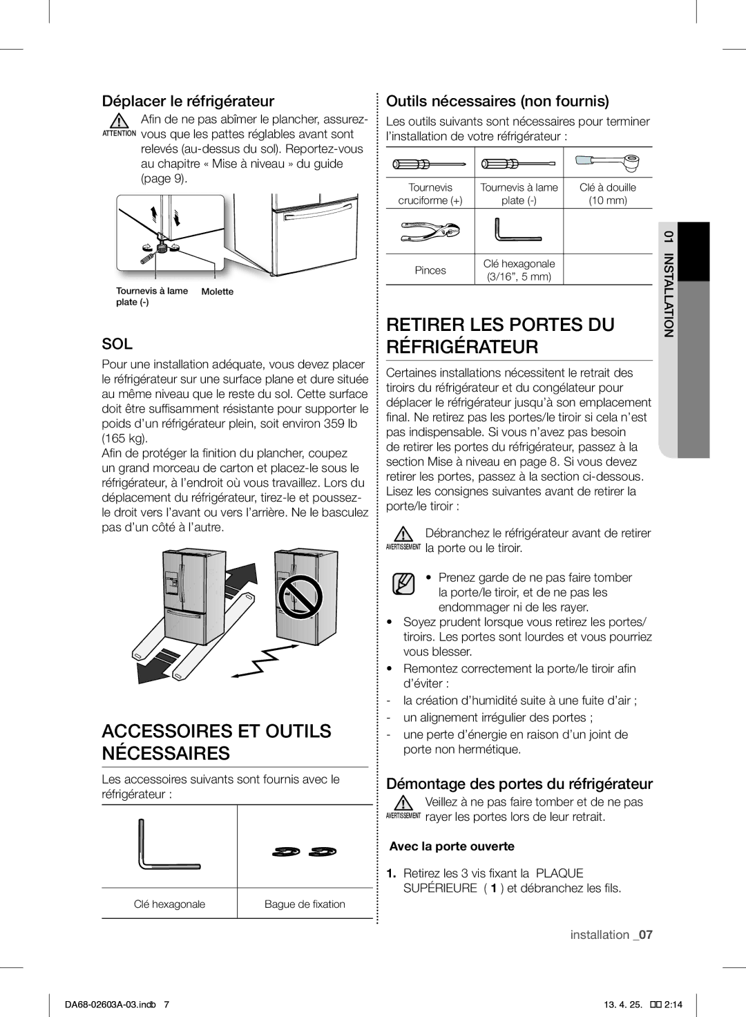 Samsung RF323TEDBWW Accessoires ET Outils Nécessaires, Retirer LES Portes DU Réfrigérateur, Déplacer le réfrigérateur 