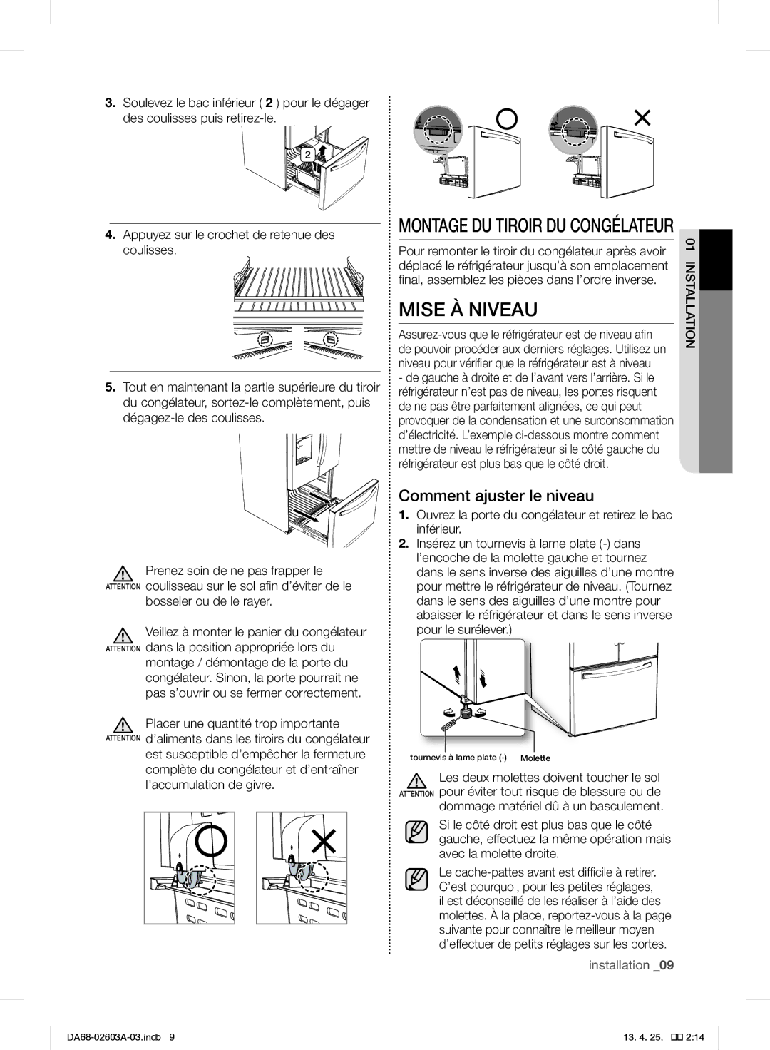 Samsung RF323TEDBBC Montage DU Tiroir DU Congélateur Mise À Niveau, Comment ajuster le niveau, Bosseler ou de le rayer 