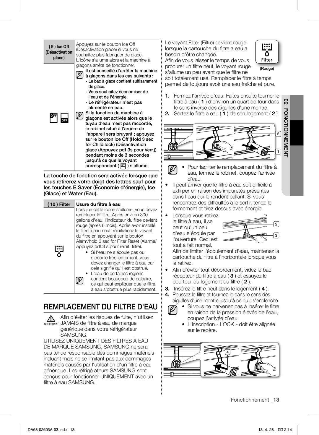 Samsung RF323TEDBWW, RF323TEDBSR, RF323TEDBBC user manual Remplacement DU Filtre Deau 