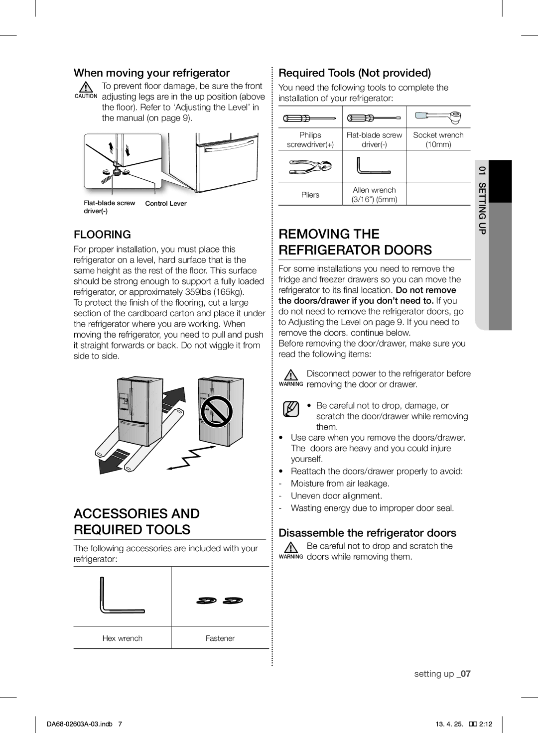 Samsung RF323TEDBSR, RF323TEDBWW Accessories Required Tools, Removing Refrigerator Doors, When moving your refrigerator 