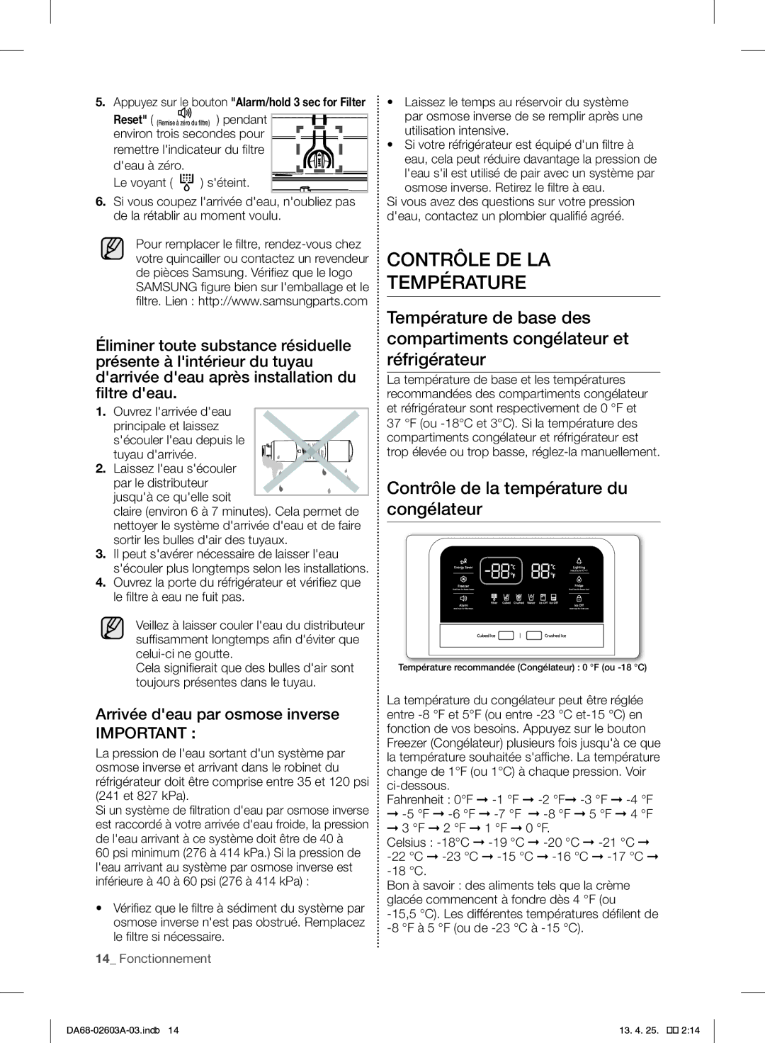 Samsung RF323TEDBSR Contrôle DE LA Température, Contrôle de la température du congélateur, Arrivée deau par osmose inverse 