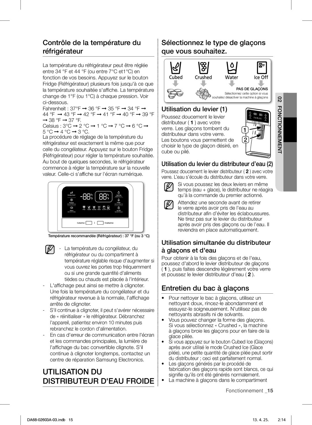 Samsung RF323TEDBBC, RF323TEDBWW Utilisation DU Distributeur Deau Froide, Contrôle de la température du réfrigérateur 