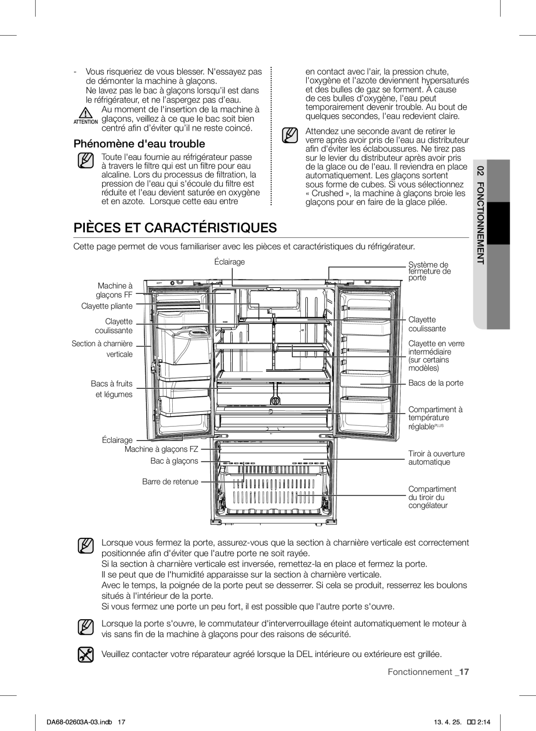 Samsung RF323TEDBSR Pièces ET Caractéristiques, Phénomène deau trouble, Centré afin d’éviter qu’il ne reste coincé 