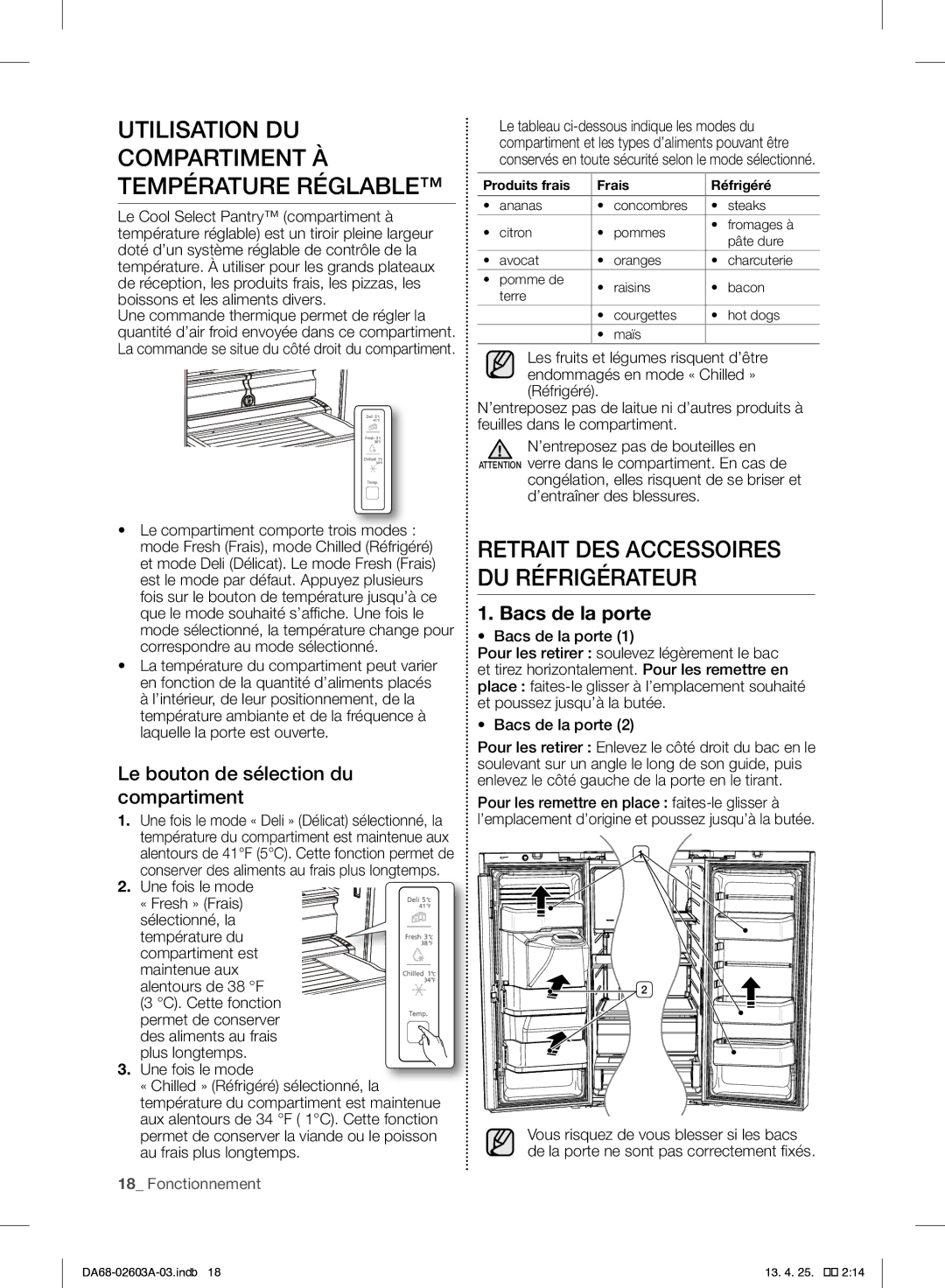 Samsung RF323TEDBBC Utilisation DU Compartiment À Température Réglable, Retrait DES Accessoires DU Réfrigérateur 