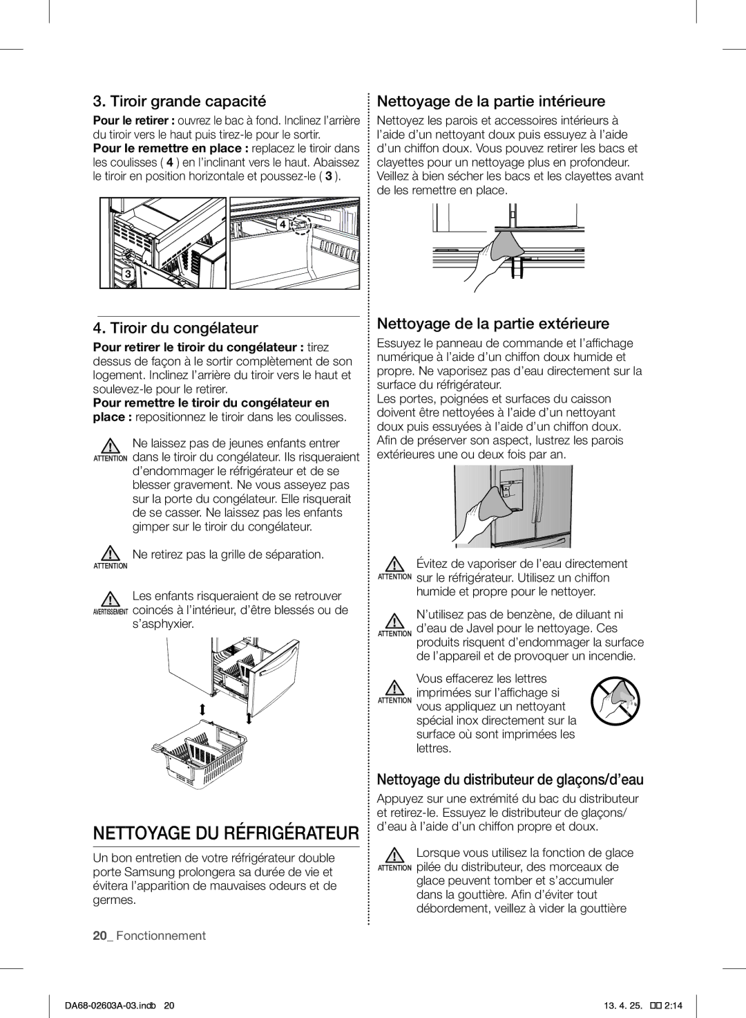 Samsung RF323TEDBSR, RF323TEDBWW, RF323TEDBBC user manual Nettoyage DU Réfrigérateur 