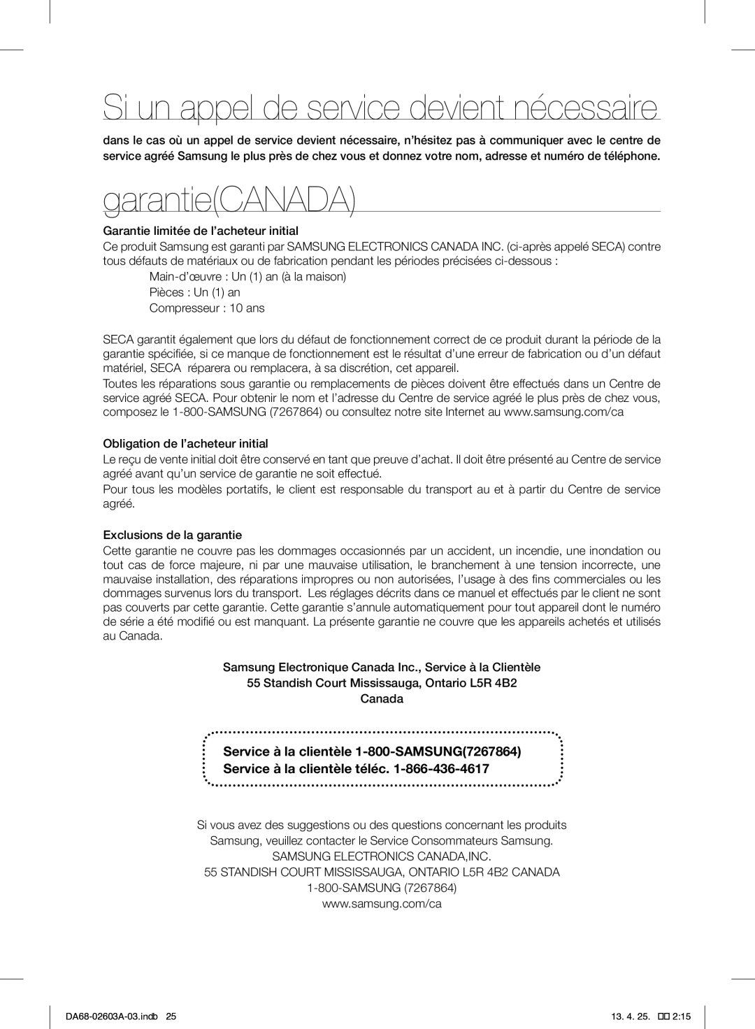 Samsung RF323TEDBWW, RF323TEDBSR, RF323TEDBBC user manual Si un appel de service devient nécessaire 