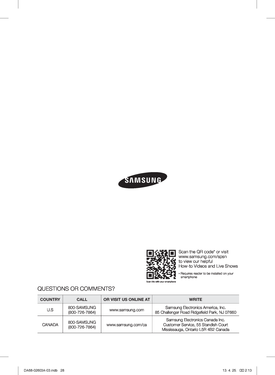 Samsung RF323TEDBSR Questions Or Comments?, DA68-02603A-03.indb, Requires reader to be installed on your, smartphone 