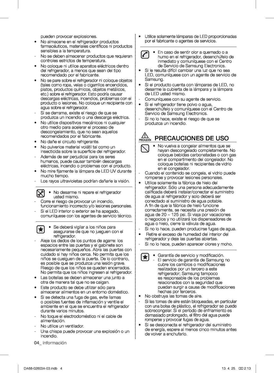 Samsung RF323TEDBBC, RF323TEDBWW, RF323TEDBSR user manual Precaución Precauciones De Uso, información 