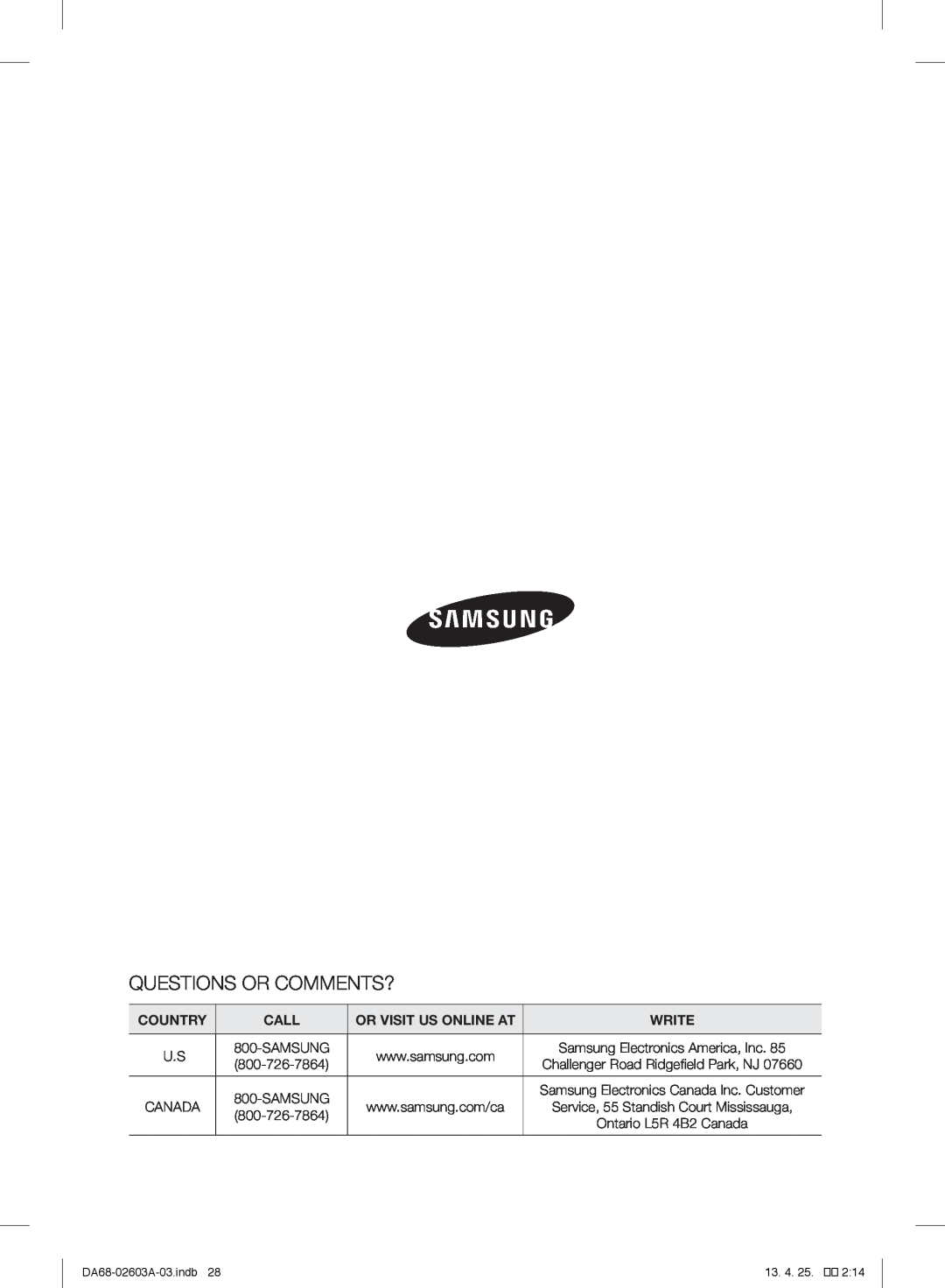 Samsung RF323TEDBBC Questions Or Comments?, Country, Call, Or Visit Us Online At, Write, DA68-02603A-03.indb, 13. 4. 25 