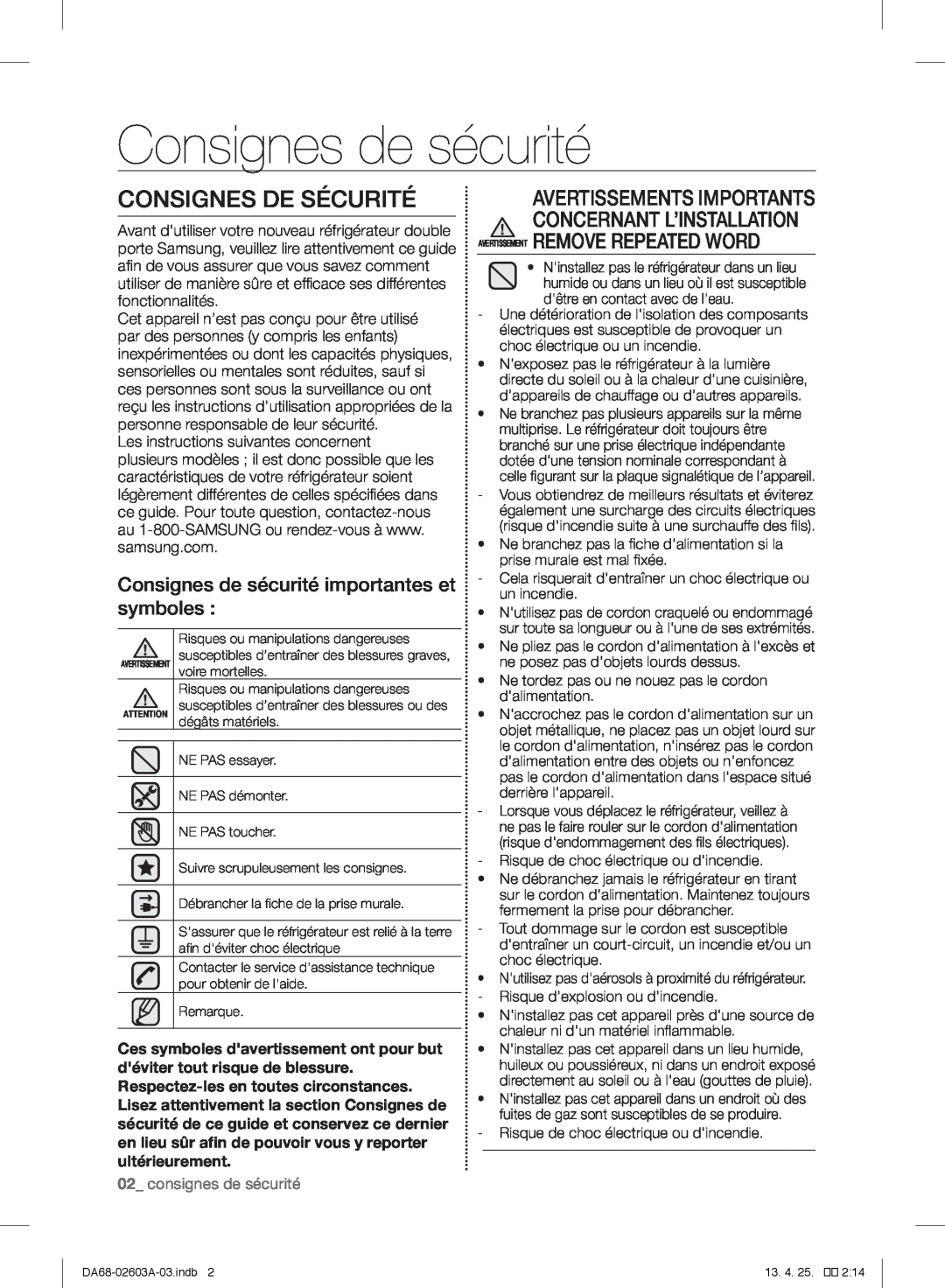 Samsung RF323TEDBSR, RF323TEDBWW Consignes de sécurité, Consignes De Sécurité, Avertissement Remove Repeated Word 