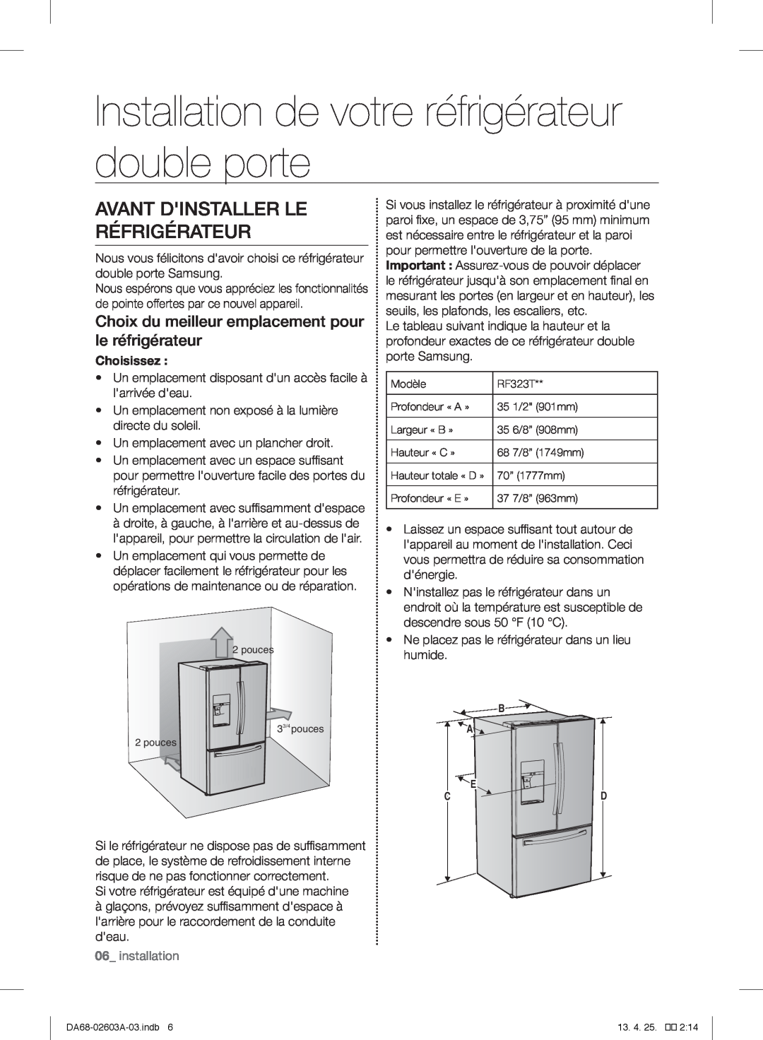Samsung RF323TEDBBC Installation de votre réfrigérateur double porte, Avant Dinstaller Le Réfrigérateur, Choisissez 