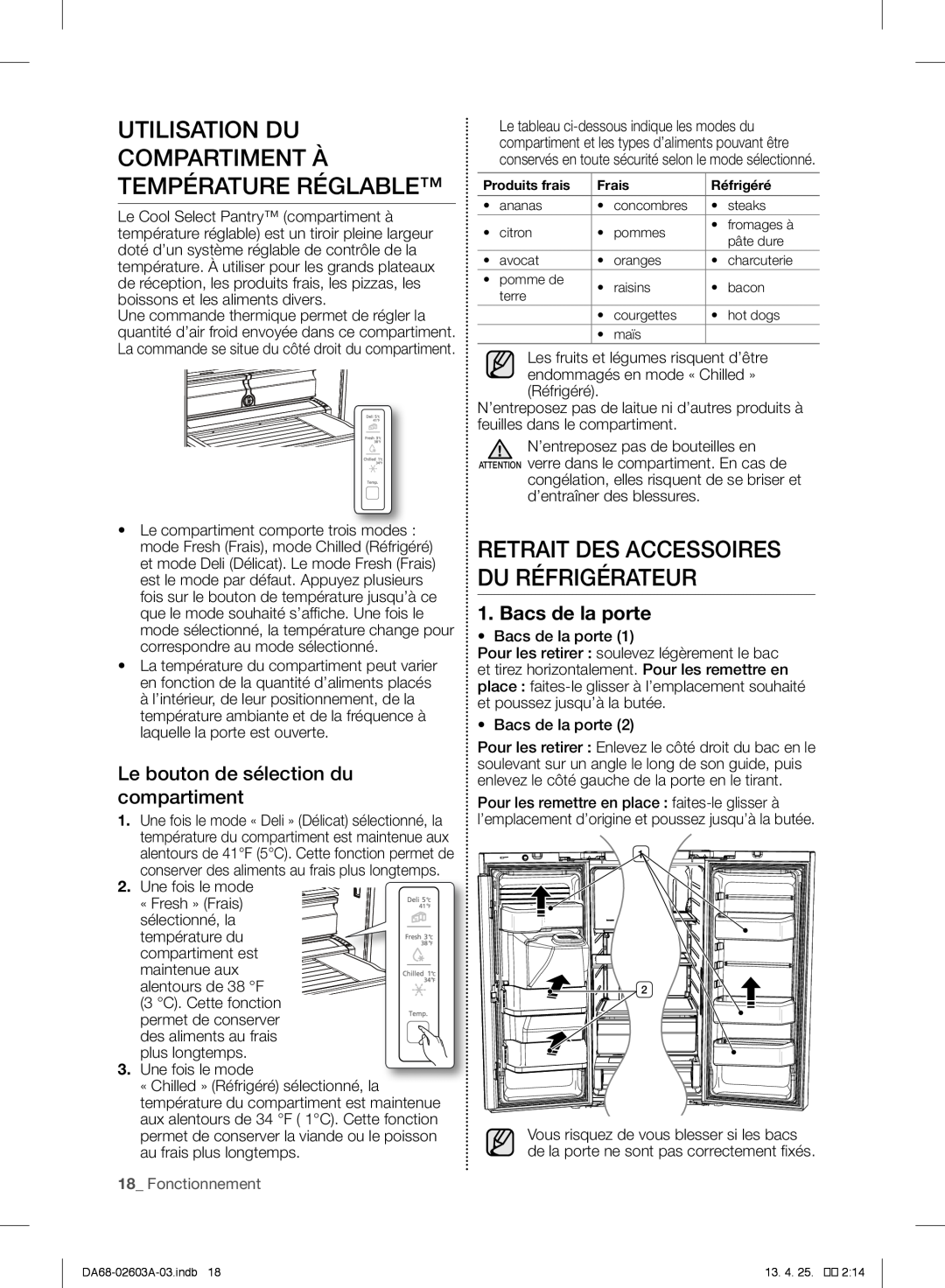 Samsung RF323TEDBBC Utilisation Du Compartiment À Température Réglable, Retrait Des Accessoires Du Réfrigérateur 