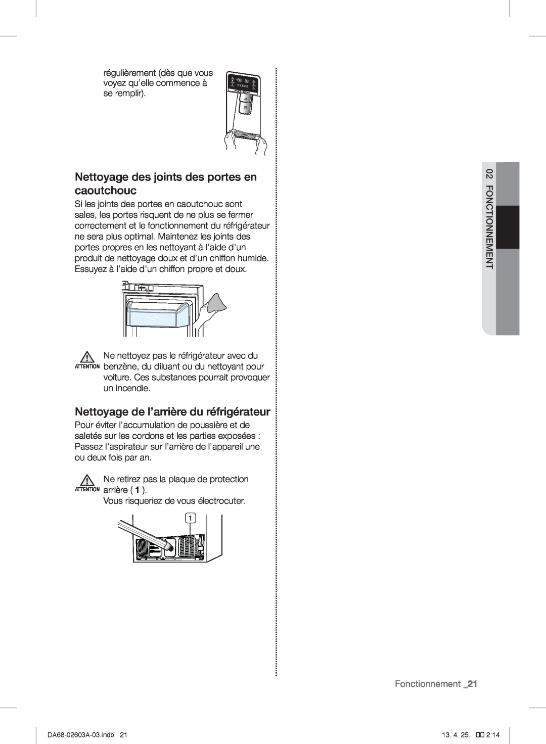 Samsung RF323TEDBBC Nettoyage des joints des portes en caoutchouc, Nettoyage de l’arrière du réfrigérateur, Fonctionnement 