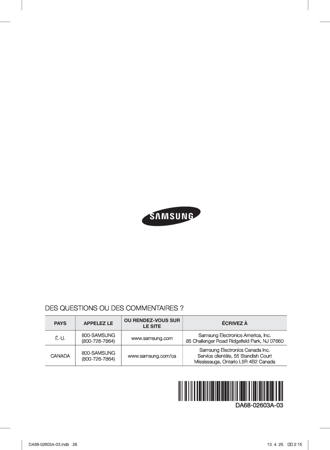 Samsung RF323TEDBWW Des Questions Ou Des Commentaires ?, Pays, Appelez Le, Ou Rendez-Vous Sur, Écrivez À, Le Site, 13. 4 