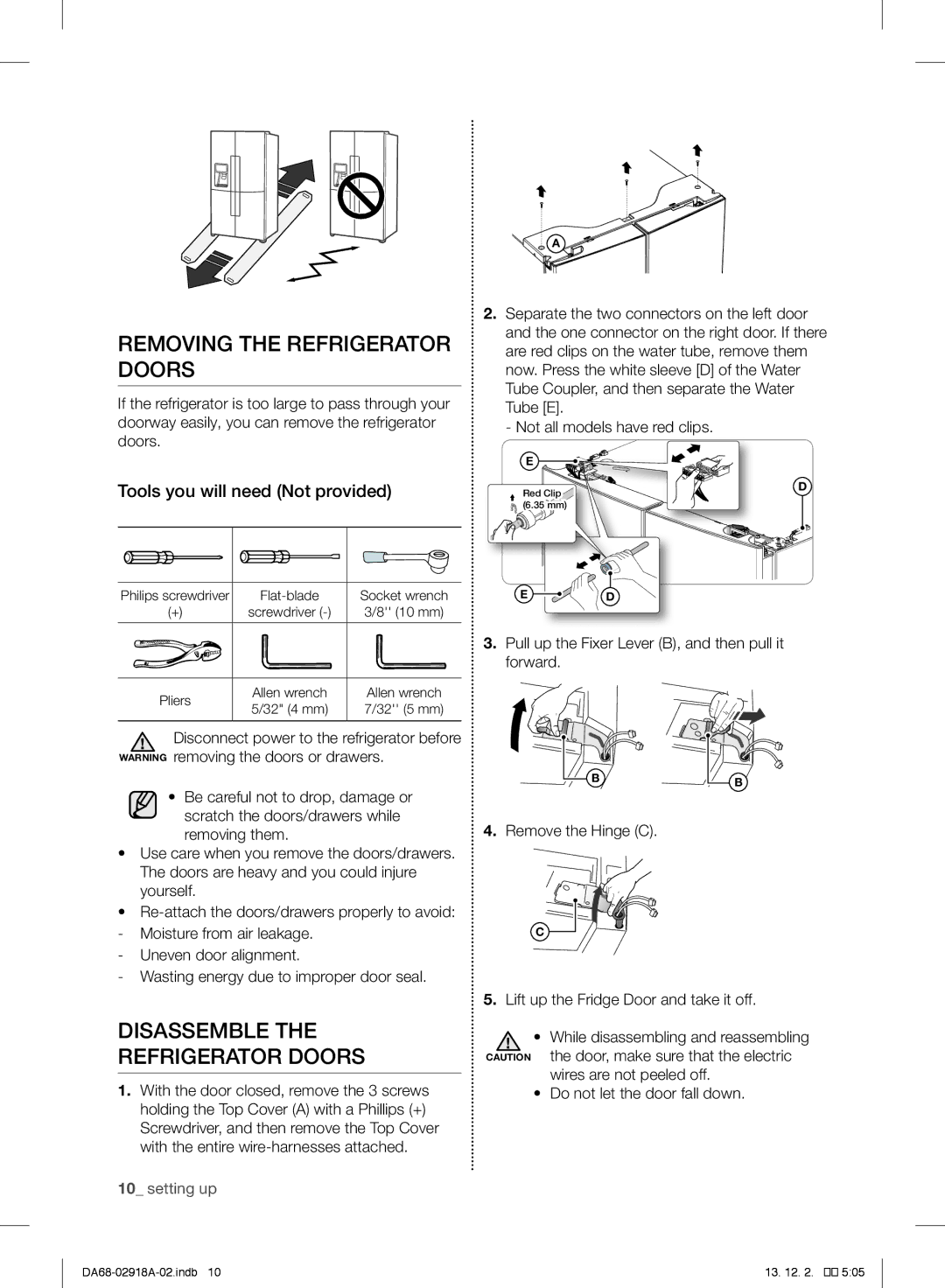 Samsung RF32FMQDBSR Removing the Refrigerator Doors, Disassemble Refrigerator Doors, Tools you will need Not provided 