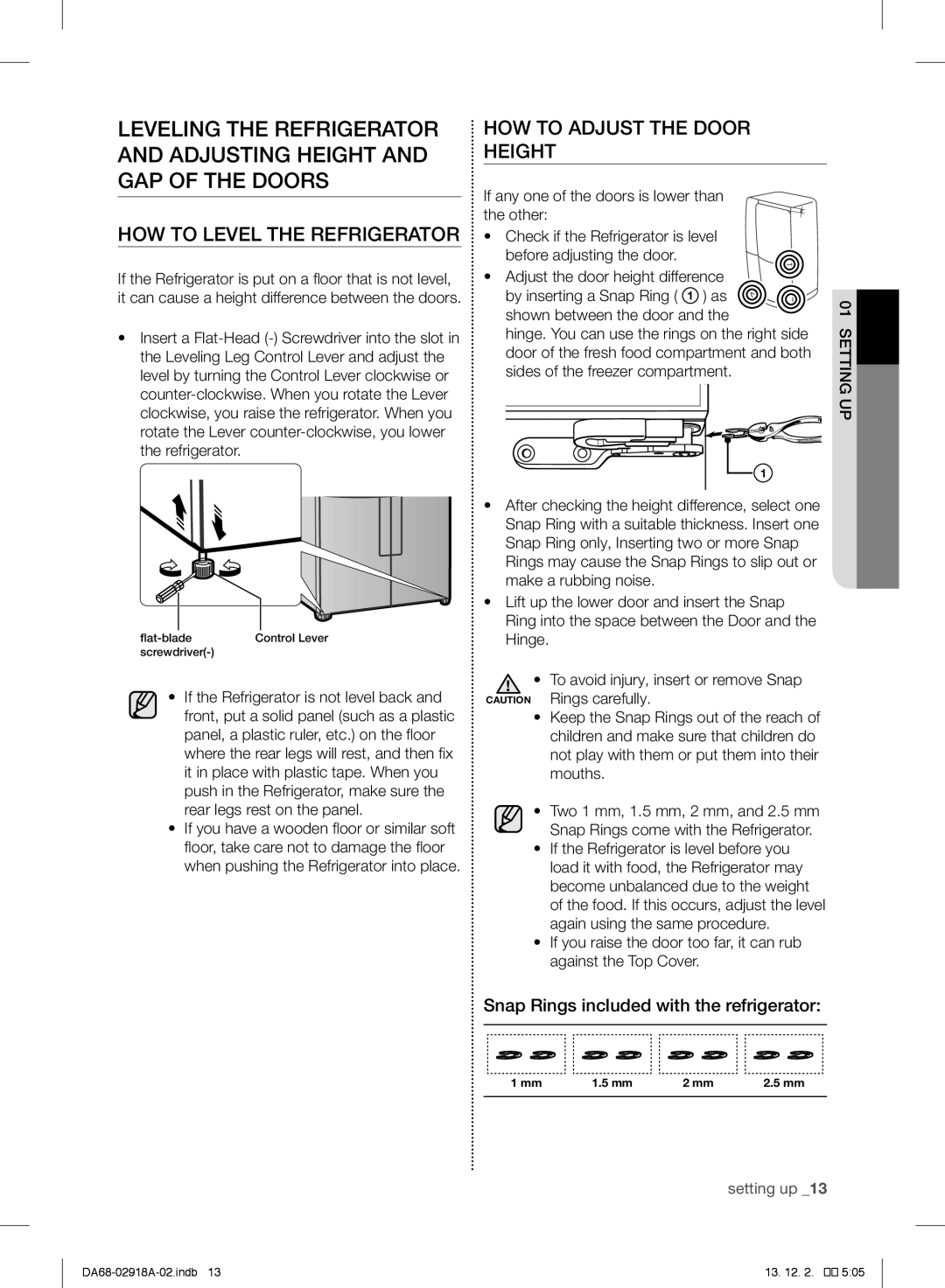 Samsung RF32FMQDBSR user manual HOW to Level the Refrigerator, HOW to Adjust the Door Height 