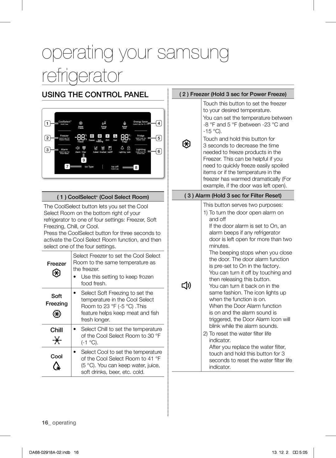 Samsung RF32FMQDBSR user manual Operating your samsung refrigerator, Using the Control Panel 